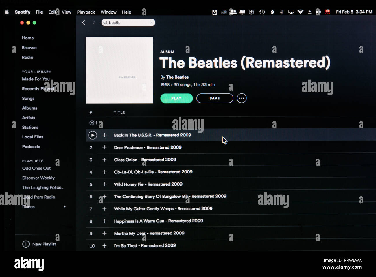 Die Beatles White Album Spotify Seite Stockfoto