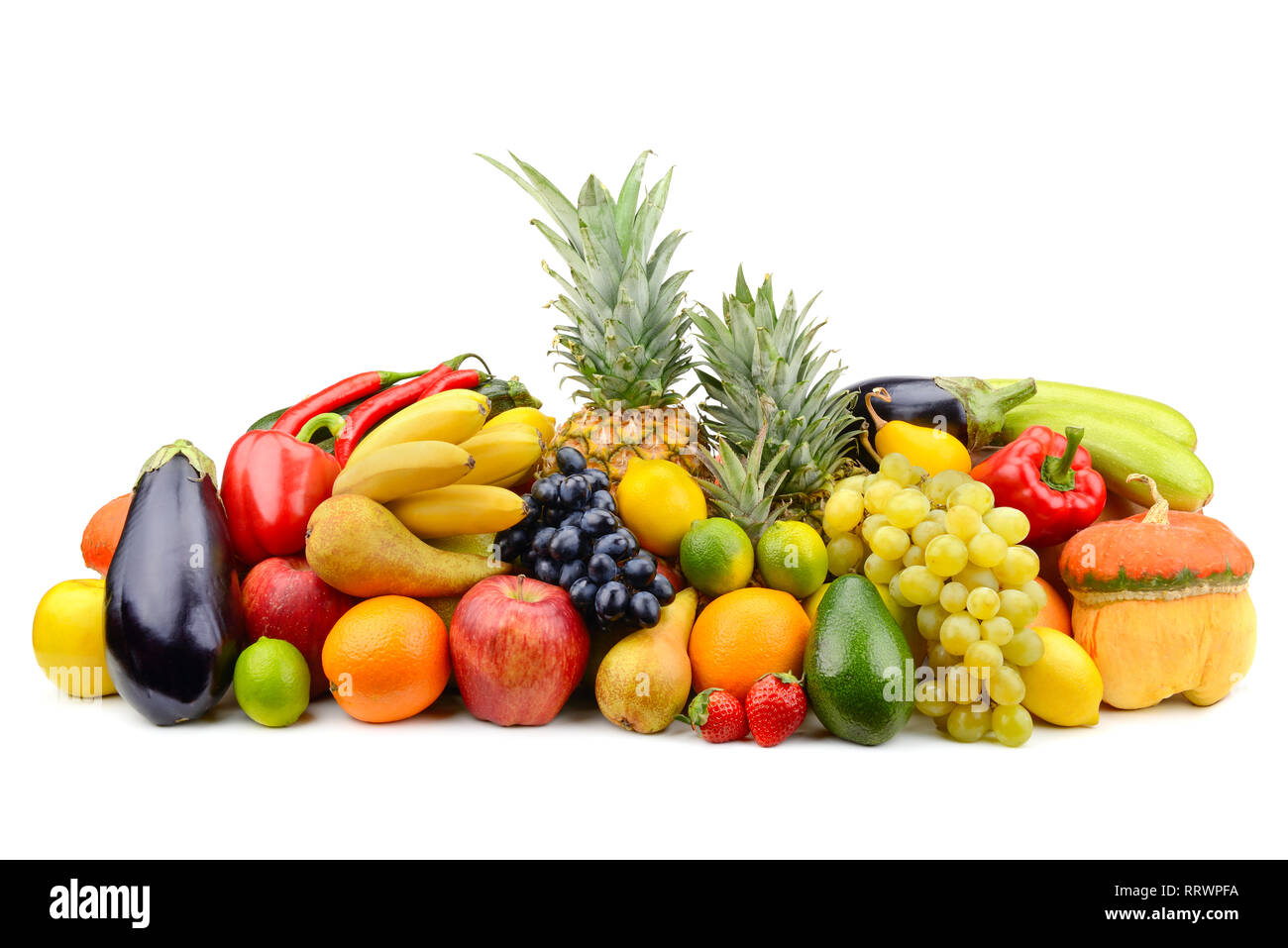 Sortiment an Obst, Gemüse, Beeren isoliert auf weißem Hintergrund Stockfoto
