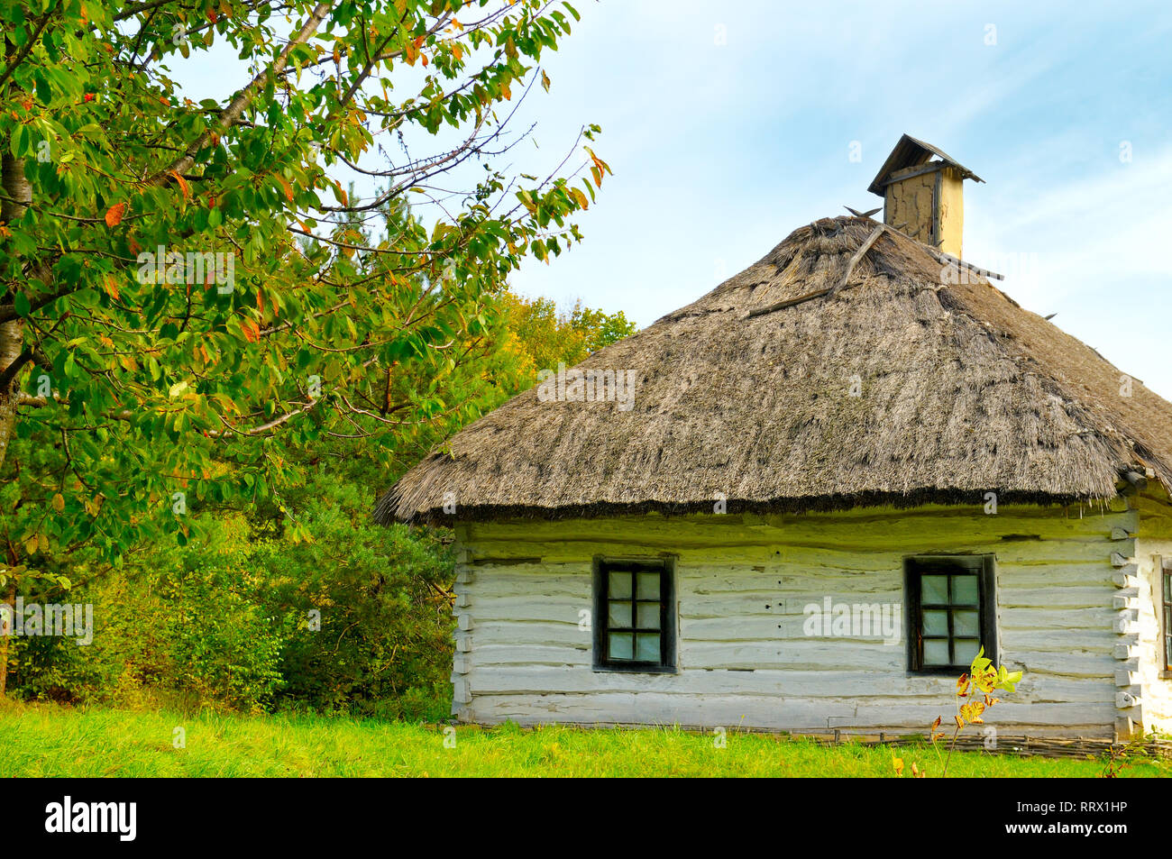 altes Bauernhaus mit Strohdach Stockfoto