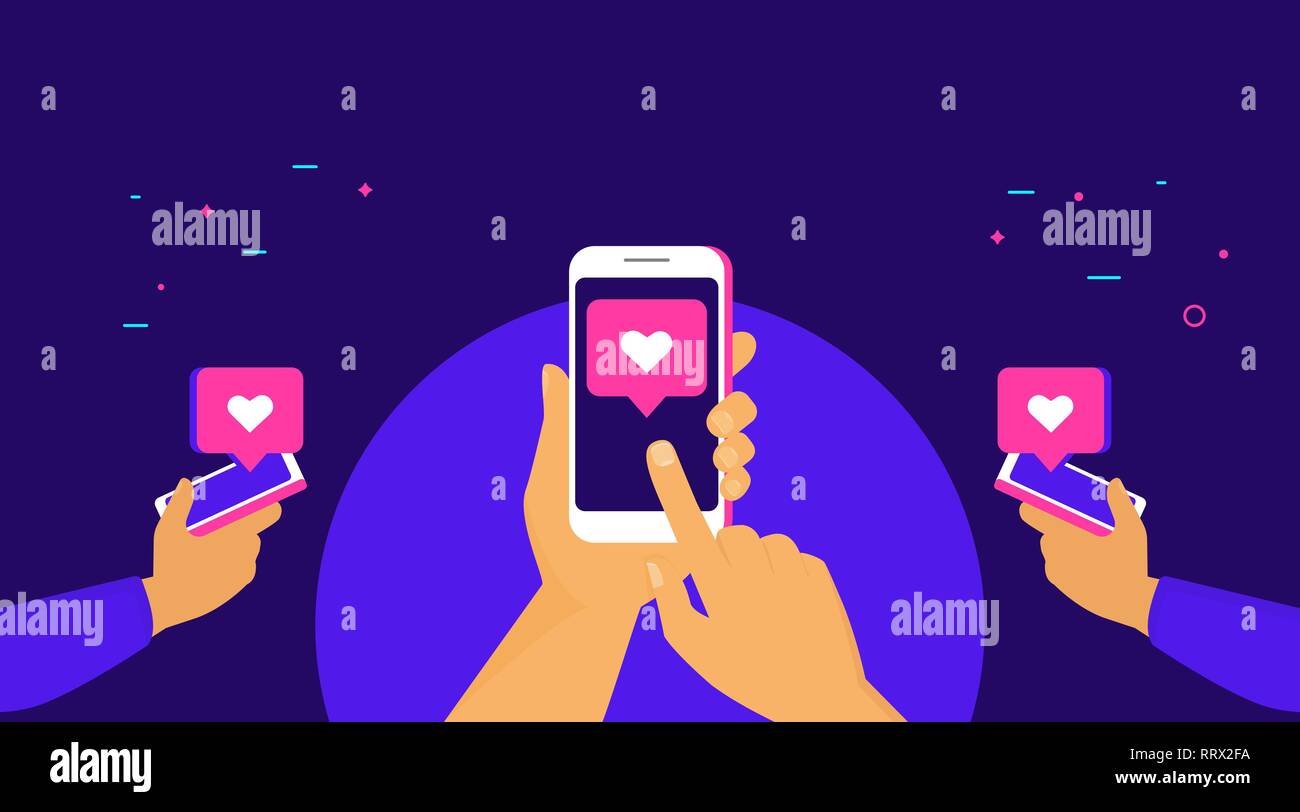 Drücken Sie auf die Schaltfläche Für mehr mag Konzept flachbild Vector Illustration des menschlichen Händen halten Smart Phones und der Herzen" auf dem Bildschirm drücken. Soziale Stock Vektor