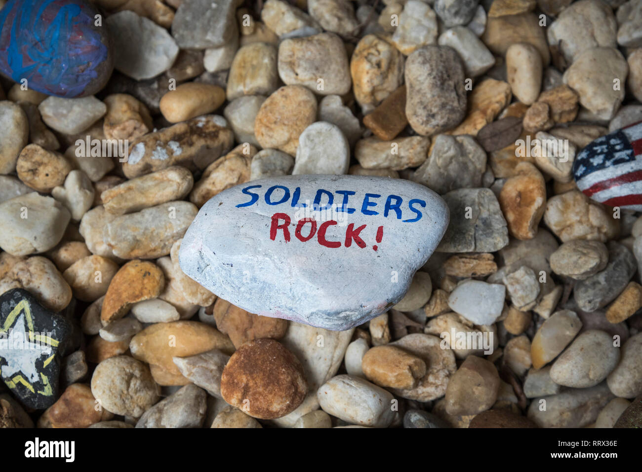 Stein Garten am See Stadt, Florida Veterans Administration Medical Center. Die Steine sind von Hand bemalt und in einen kleinen Garten in der Nähe der entr platziert Stockfoto