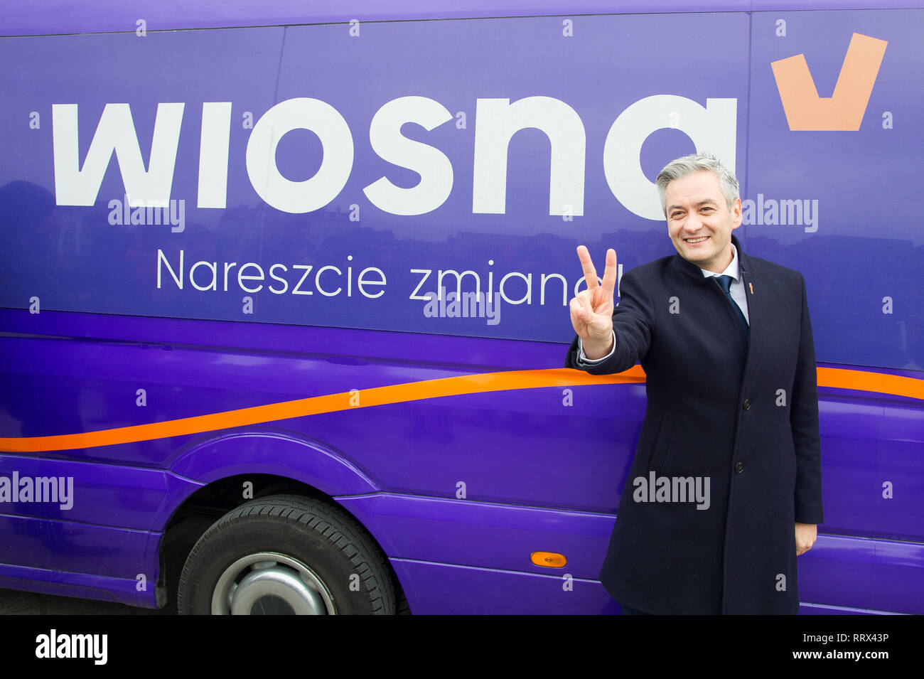 Robert Biedron, Leiter und Gründer der Wiosna (Frühling), Polnisch sozial-demokratischen und pro-europäischen politischen Partei während der regionalen Übereinkommen in Danzig, Stockfoto