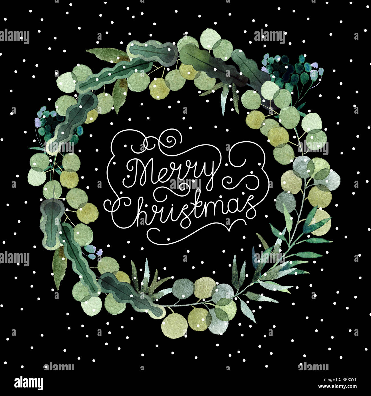 Schöne watercolor Weihnachten Kranz mit der Aufschrift Frohe Weihnachten isoliert auf schwarzen Hintergrund mit Schnee. Runde Blumen Aquarell Kranz für desi Stockfoto