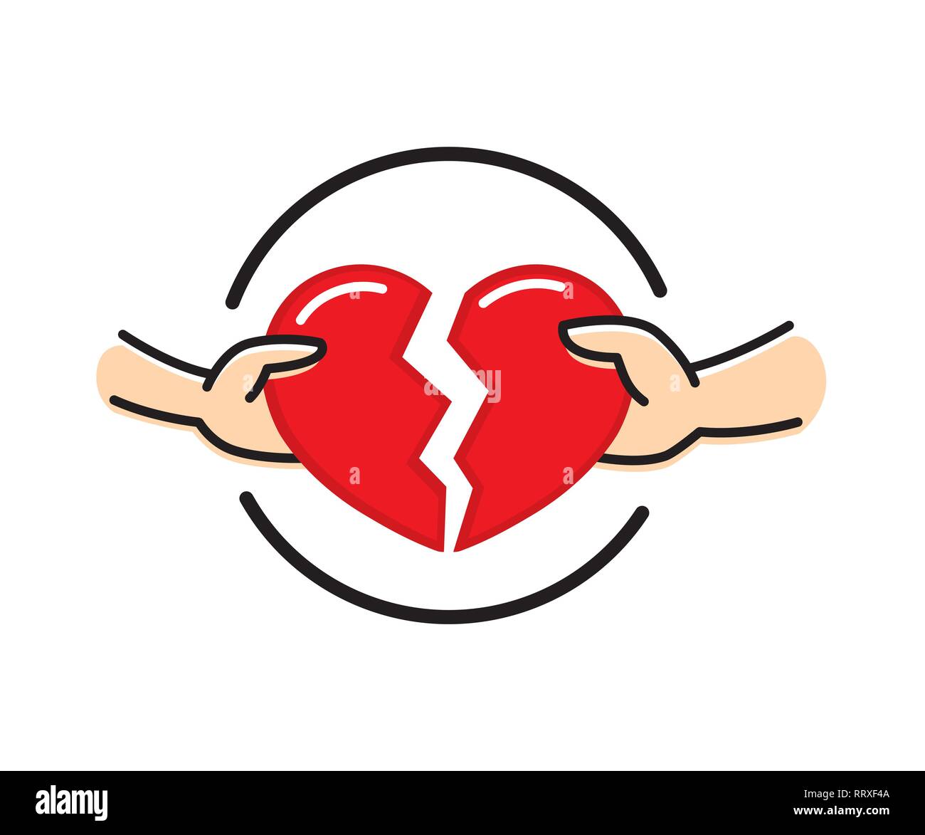 Männliche und weibliche Hände mit gebrochenen roten Herzen. Auseinanderbrechen herzen Konzept. Krise Beziehung Scheidung. Unglückliche Liebe, Konflikt. Vector Illustration Flachbild desi Stock Vektor