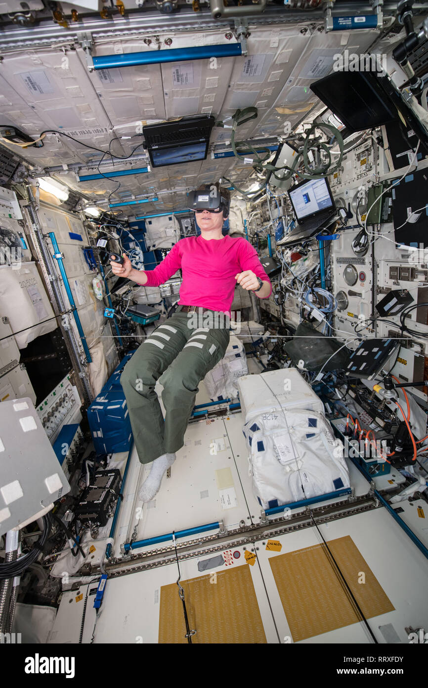 NASA-Astronaut Anne McClain trägt Virtual Reality goggles während der Zeit experimentieren in den Labors Columbus auf der Internationalen Raumstation Februar 22, 2019 in der Erdumlaufbahn. Die Studie misst, wie Zeit, Wahrnehmung und der biologischen Uhren im Raum ändern könnte. Stockfoto