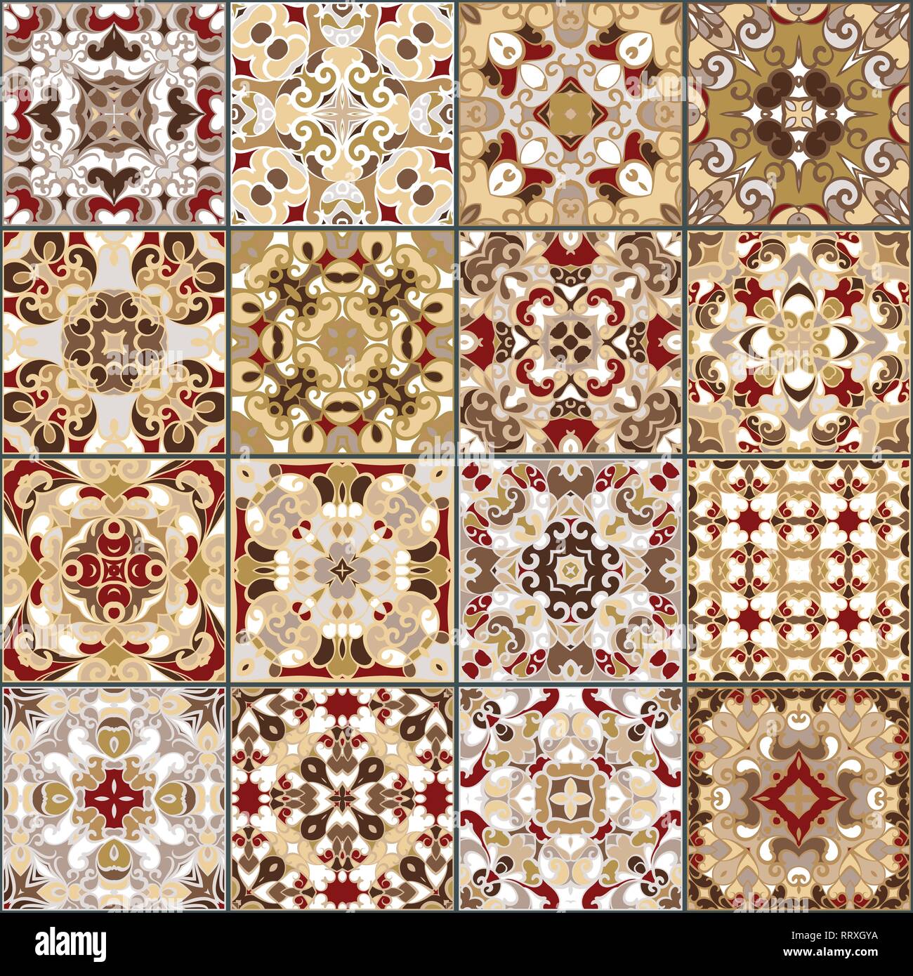 Eine Sammlung von Keramikfliesen in Rot Gold Farben. Eine Reihe von quadratischen Muster im orientalischen Stil. Vector Illustration. Stock Vektor