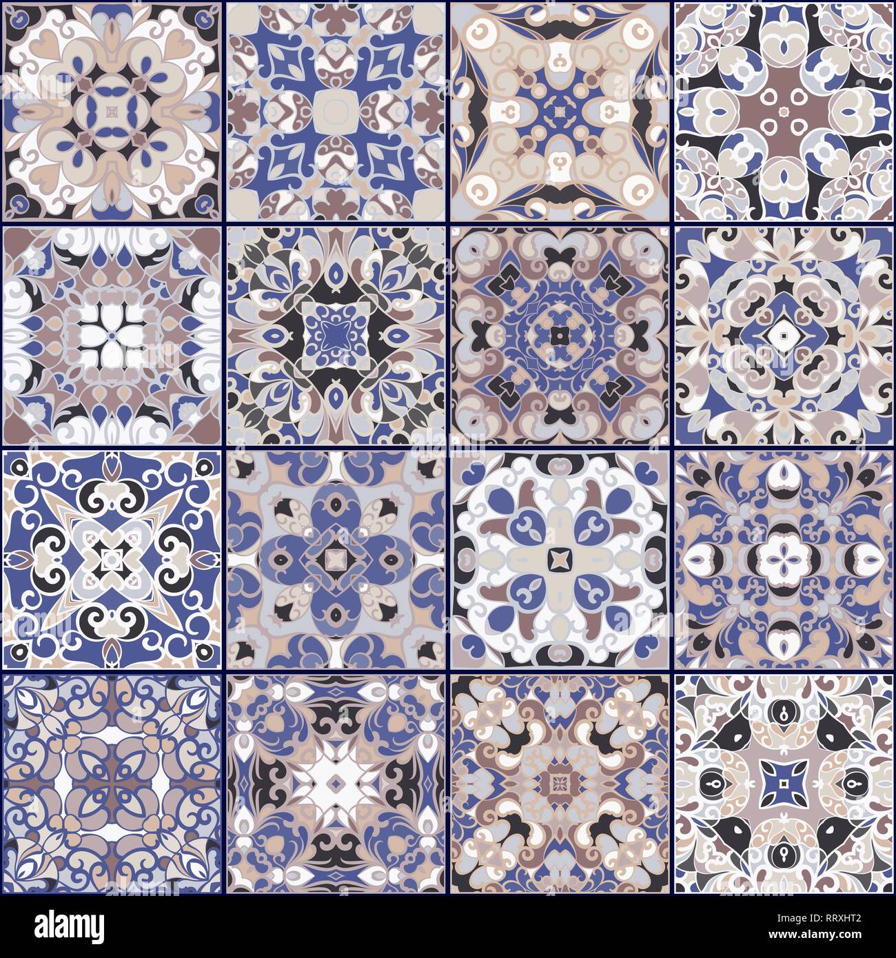 Eine Sammlung von Keramikfliesen in blauen Farben. Eine Reihe von quadratischen Muster im ethnischen Stil. Vector Illustration. Stock Vektor