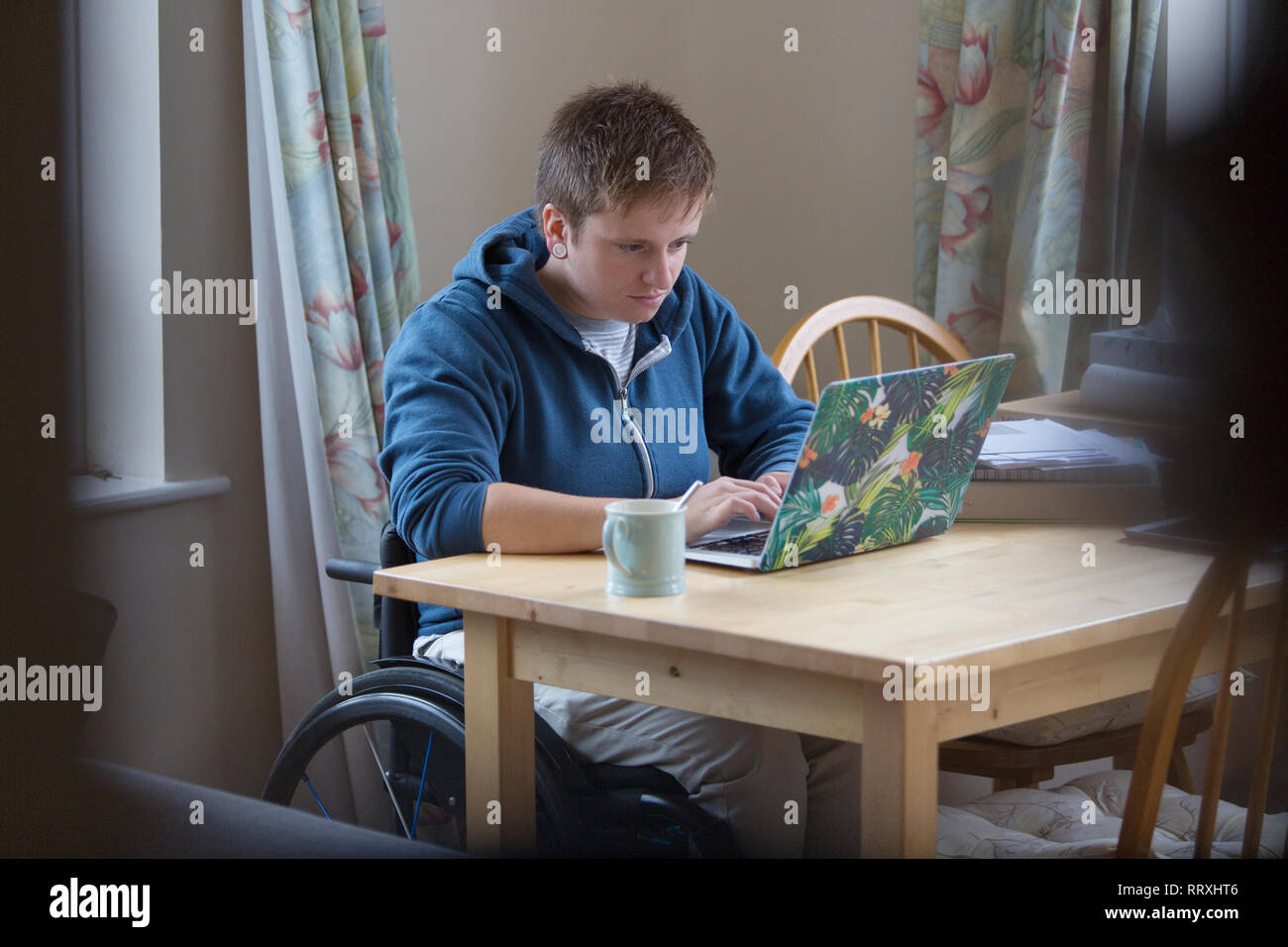 Schwerpunkt junge Frau im Rollstuhl mit Laptop am Esstisch Stockfoto