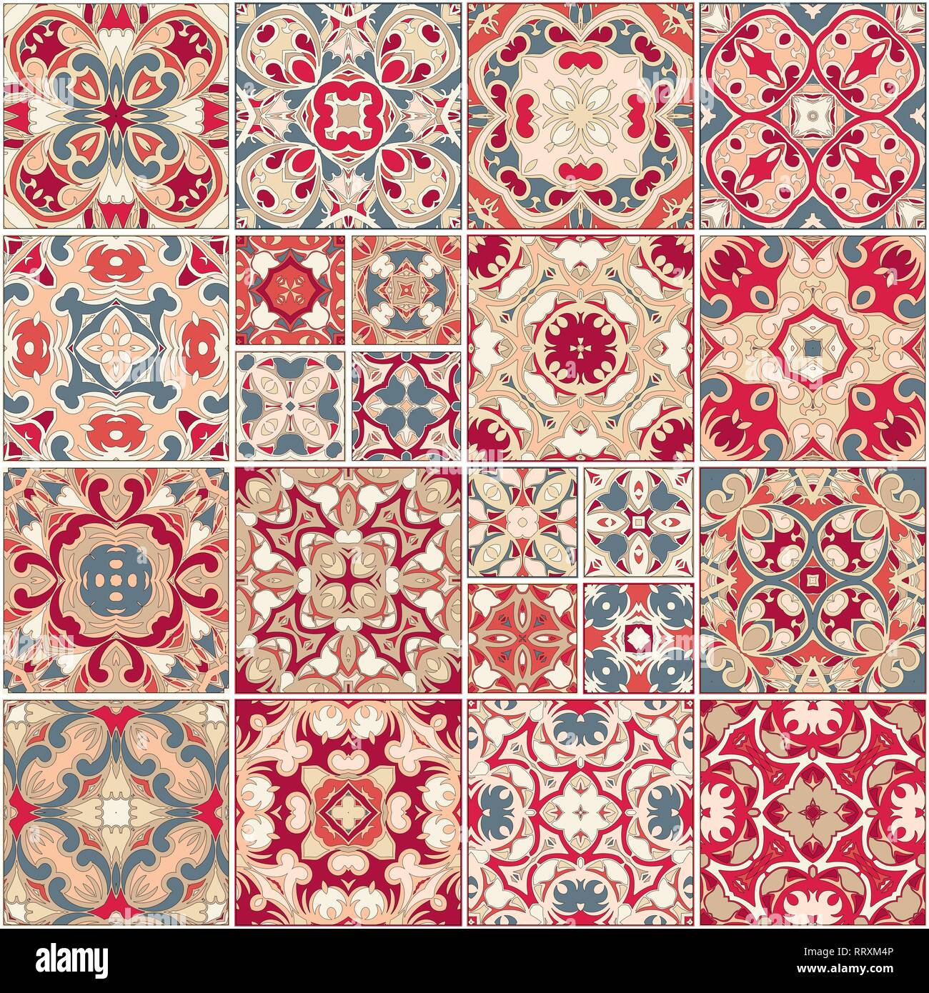 Eine Sammlung von Keramikfliesen in roten Farben. Eine Reihe von quadratischen Muster im ethnischen Stil. Vector Illustration. Stock Vektor