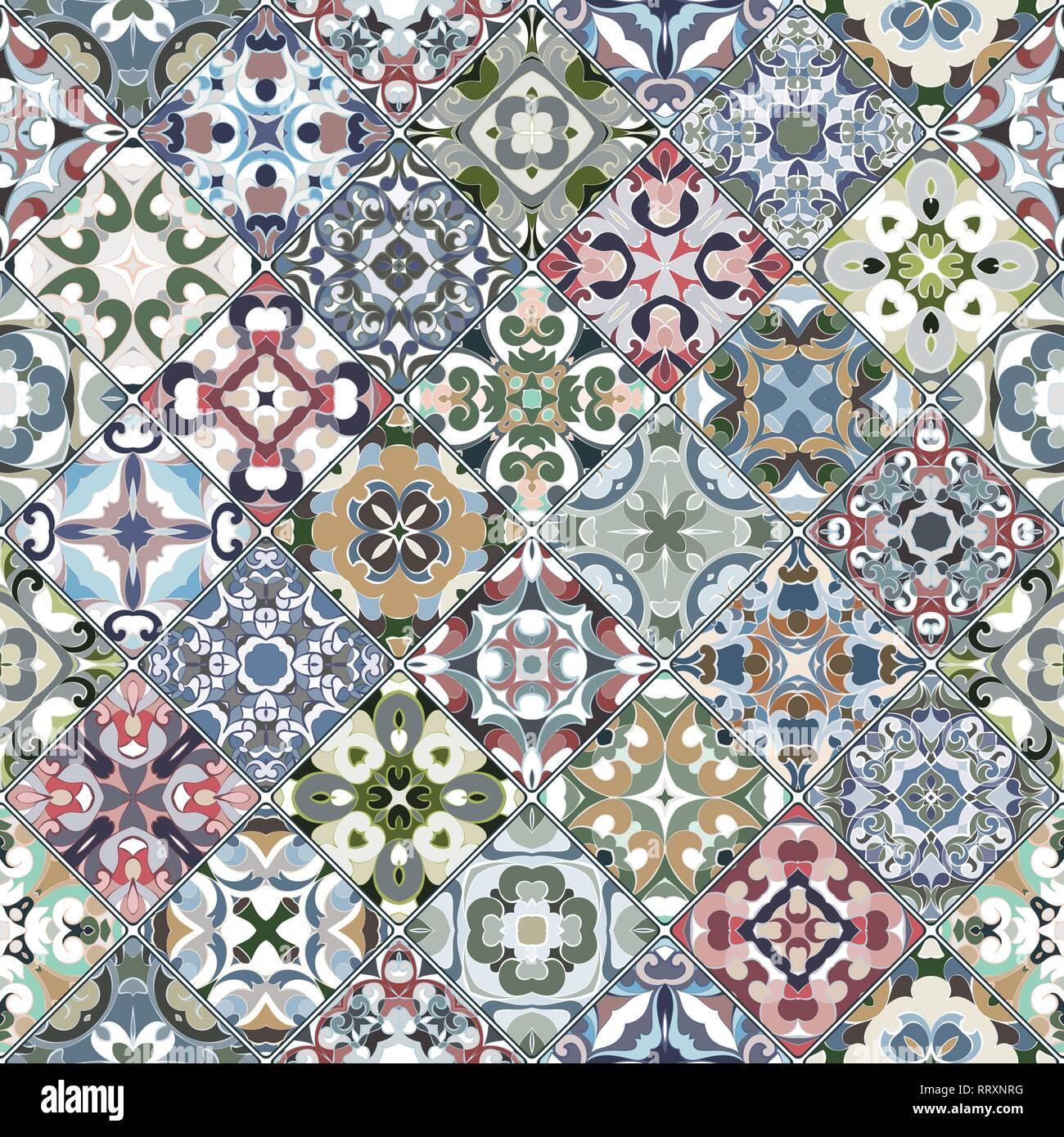 Farbenfrohe abstrakte Muster in das Mosaik. Quadratische Reste im orientalischen Stil. Vector Illustration. Ideal für den Druck auf Stoff oder Papier. Stock Vektor