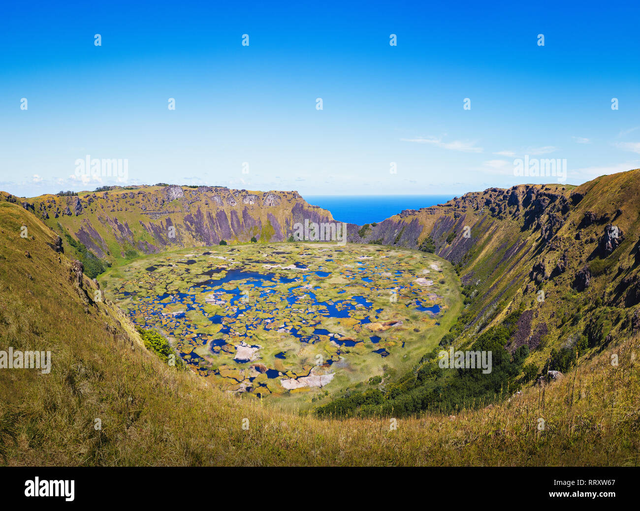 Rano Kau Vulkankrater - Osterinsel, Chile Stockfoto
