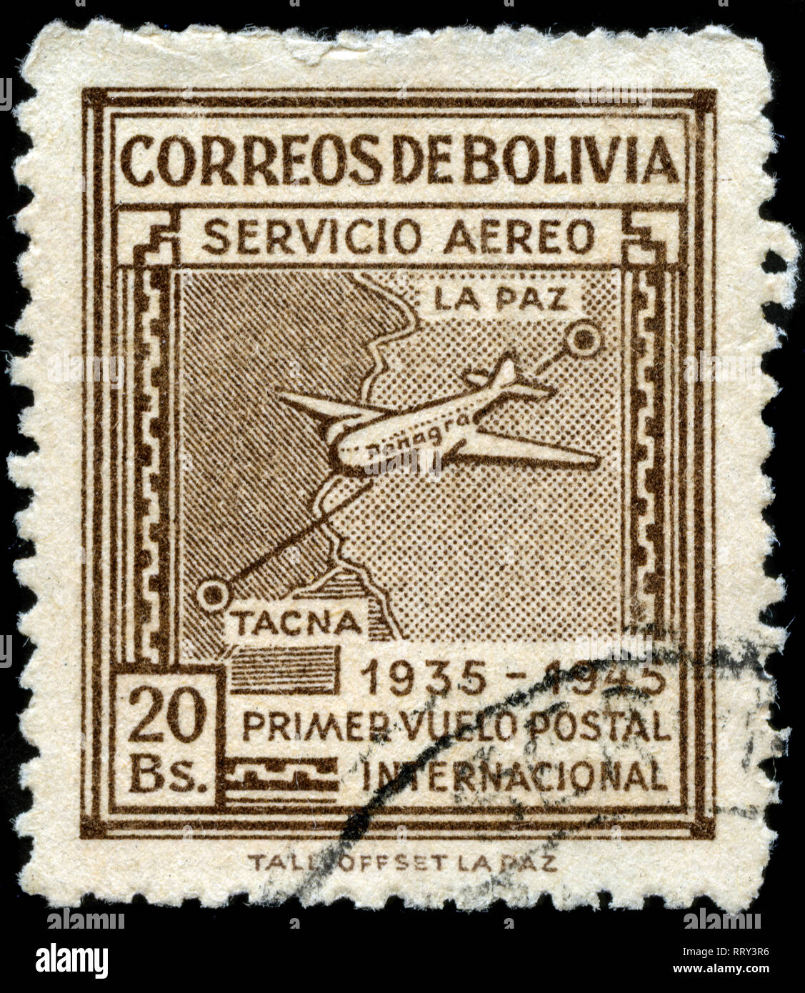 Briefmarke aus Bolivien in der 10. Jahrestag der ersten Flug La Paz nach Tacna Serie 1945 ausgestellt Stockfoto