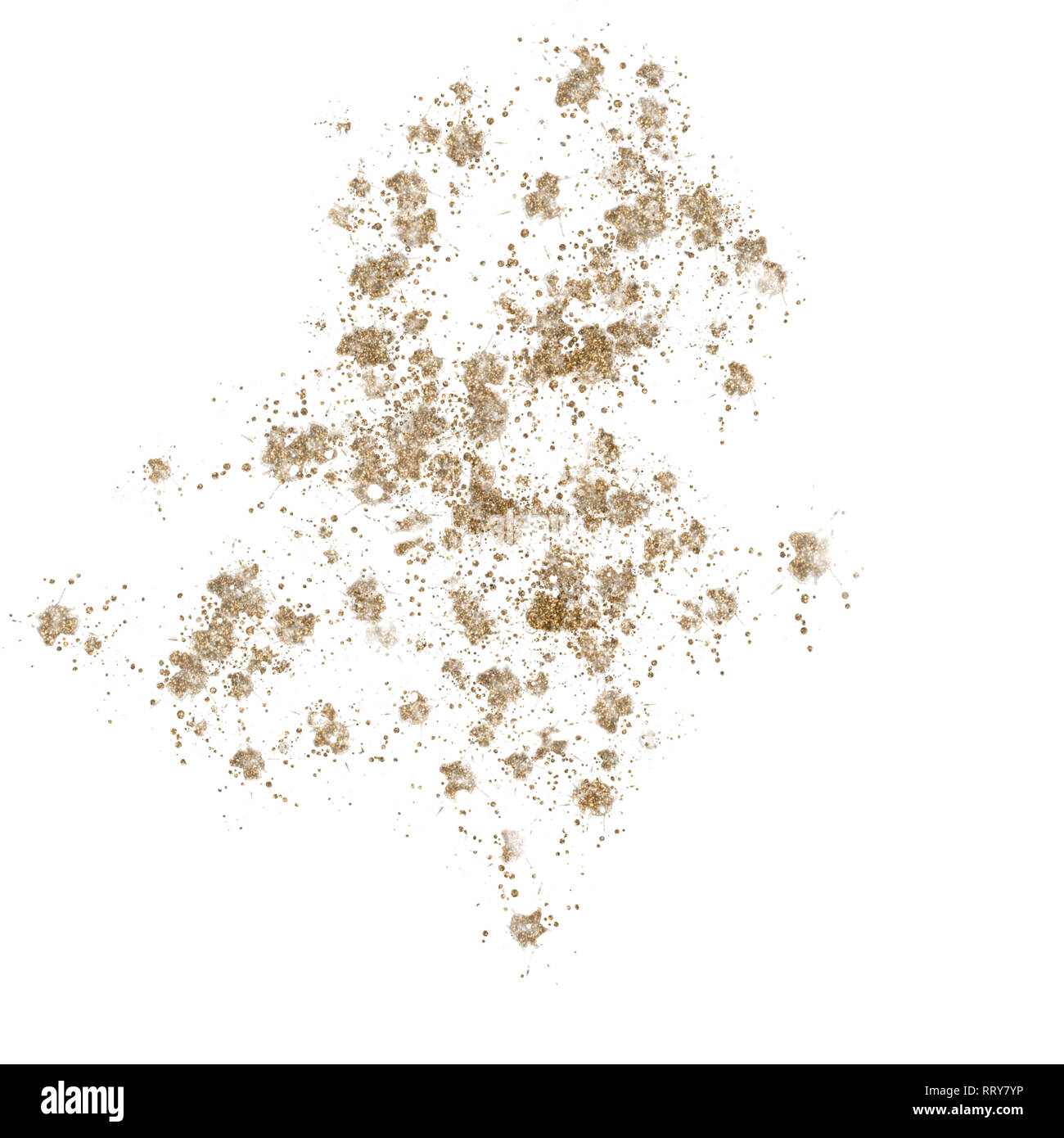 Gold Metallic paint Splatter auf Weiß, Abbildung isoliert. Stockfoto