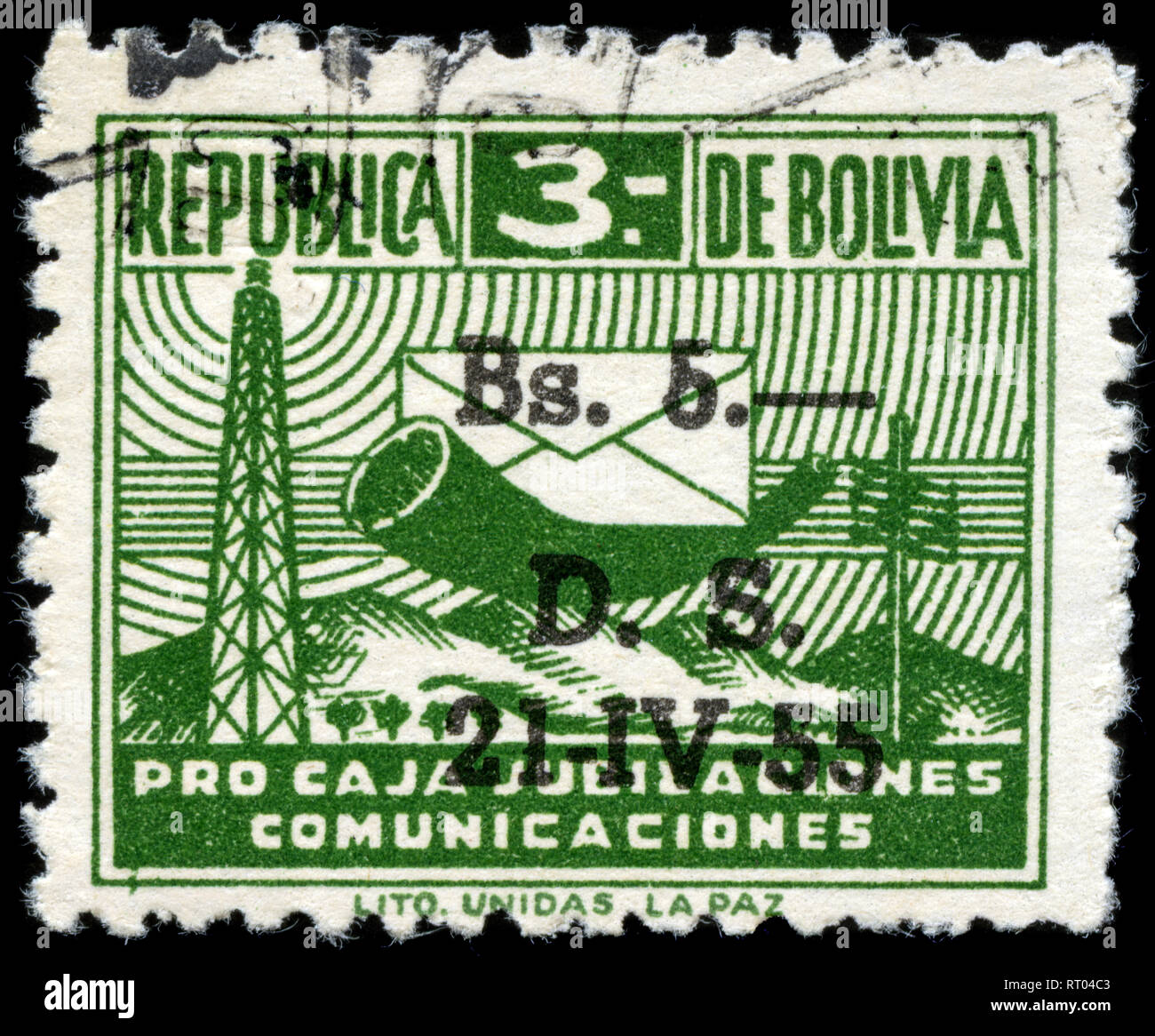 Briefmarke aus Bolivien in den Mitteilungen Symbole Serie 1955 ausgestellt Stockfoto