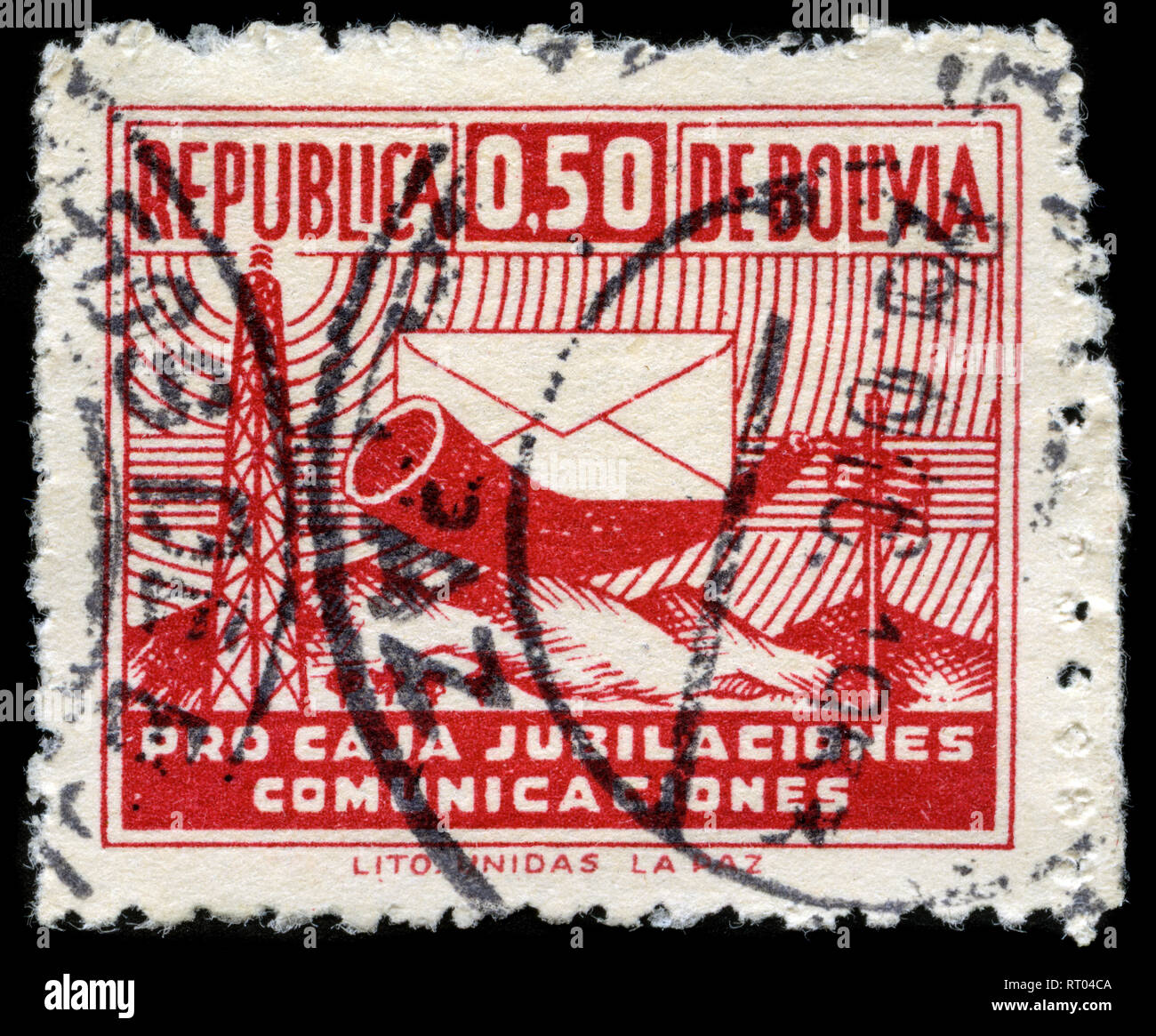 Briefmarke aus Bolivien in den Mitteilungen Symbole Serie 1954 ausgestellt Stockfoto