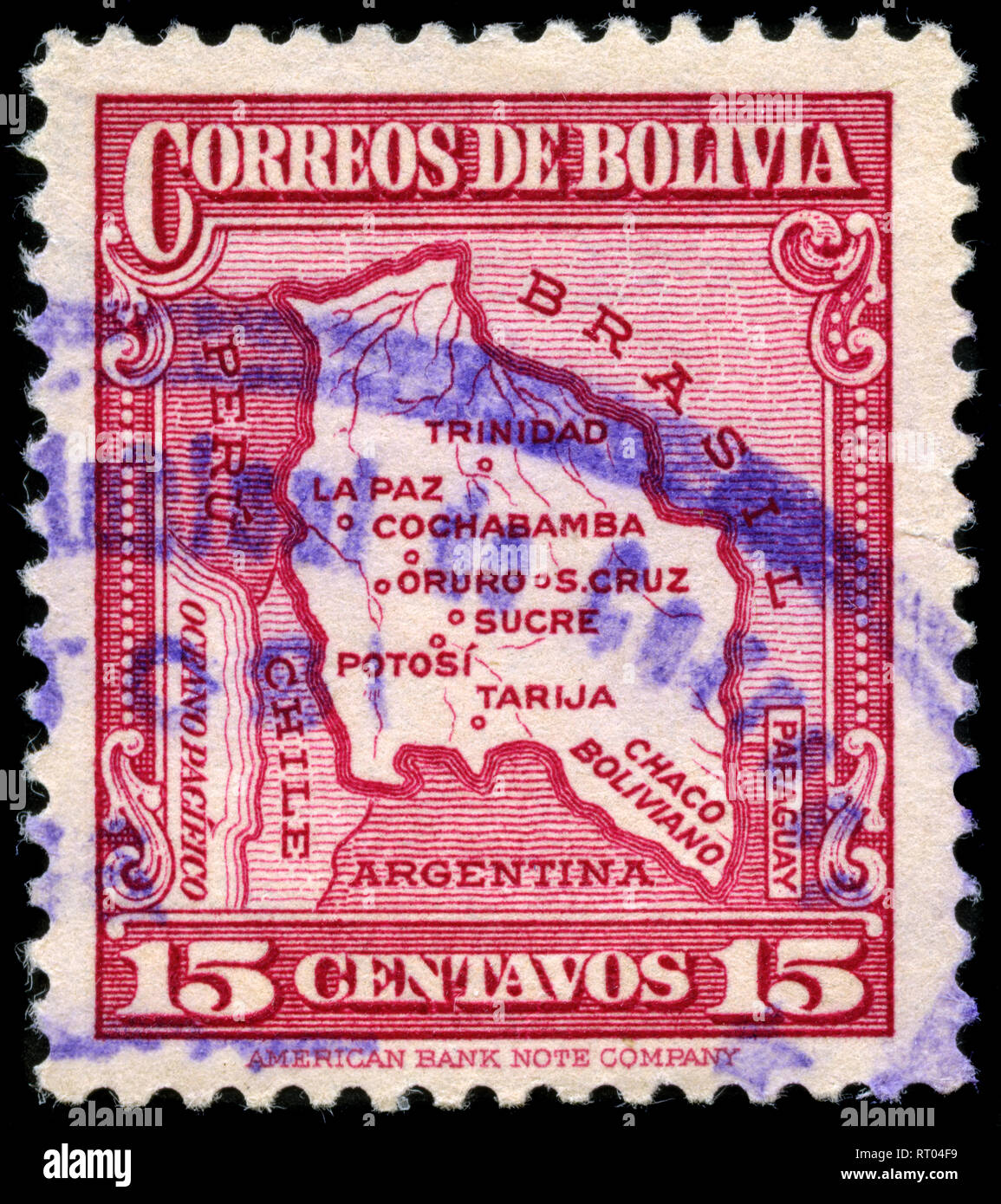 Briefmarke aus Bolivien in der Karte von Bolivien Serie 1935 ausgestellt Stockfoto