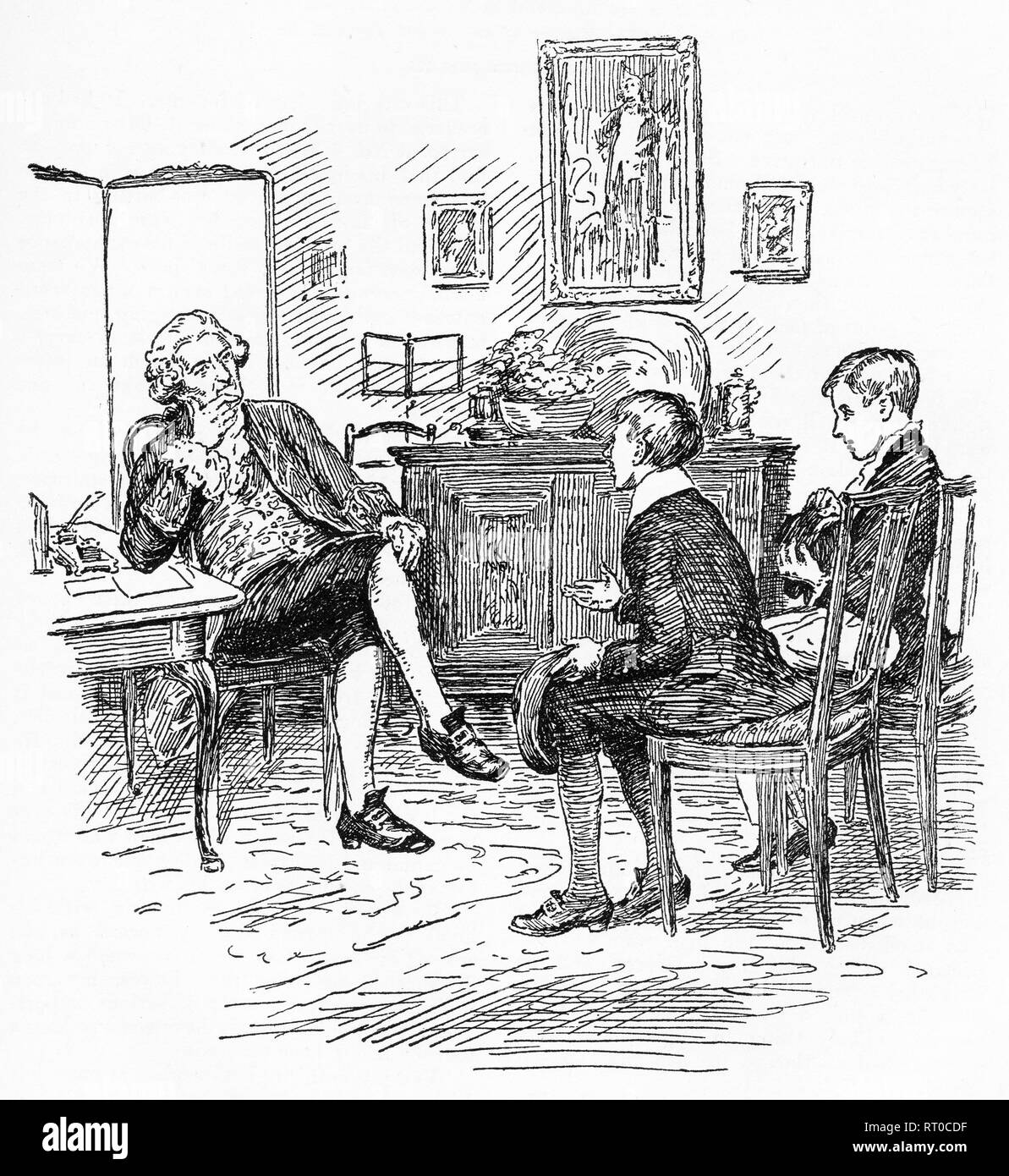 Gravur eines wohlhabenden Mann zu zwei Jungen im Salon zu plaudern. Von Chatterbox Magazin, 1905 Stockfoto