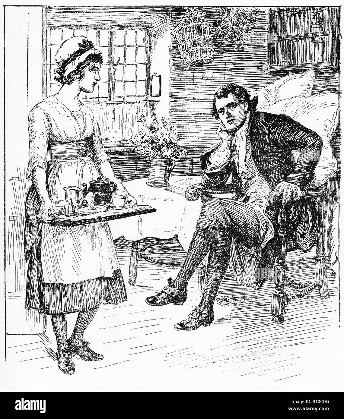 Gravur einer Dienstmagd mit ihren Meister im Haushalt. Von Chatterbox Magazin, 1905 Stockfoto