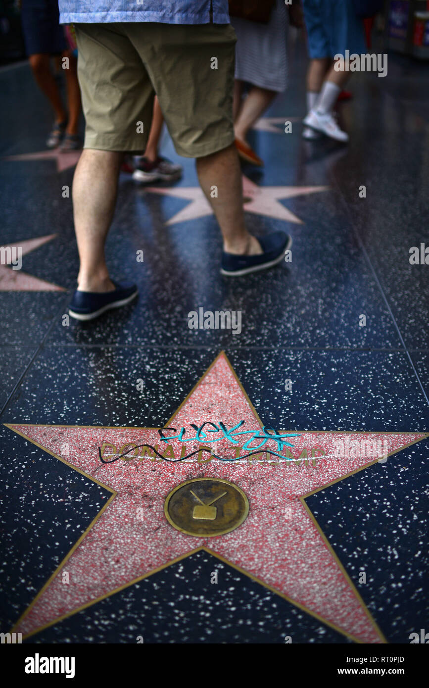 Zerstörten Donald Trump Stern am Hollywood Walk of Fame, Los Angeles. Stockfoto