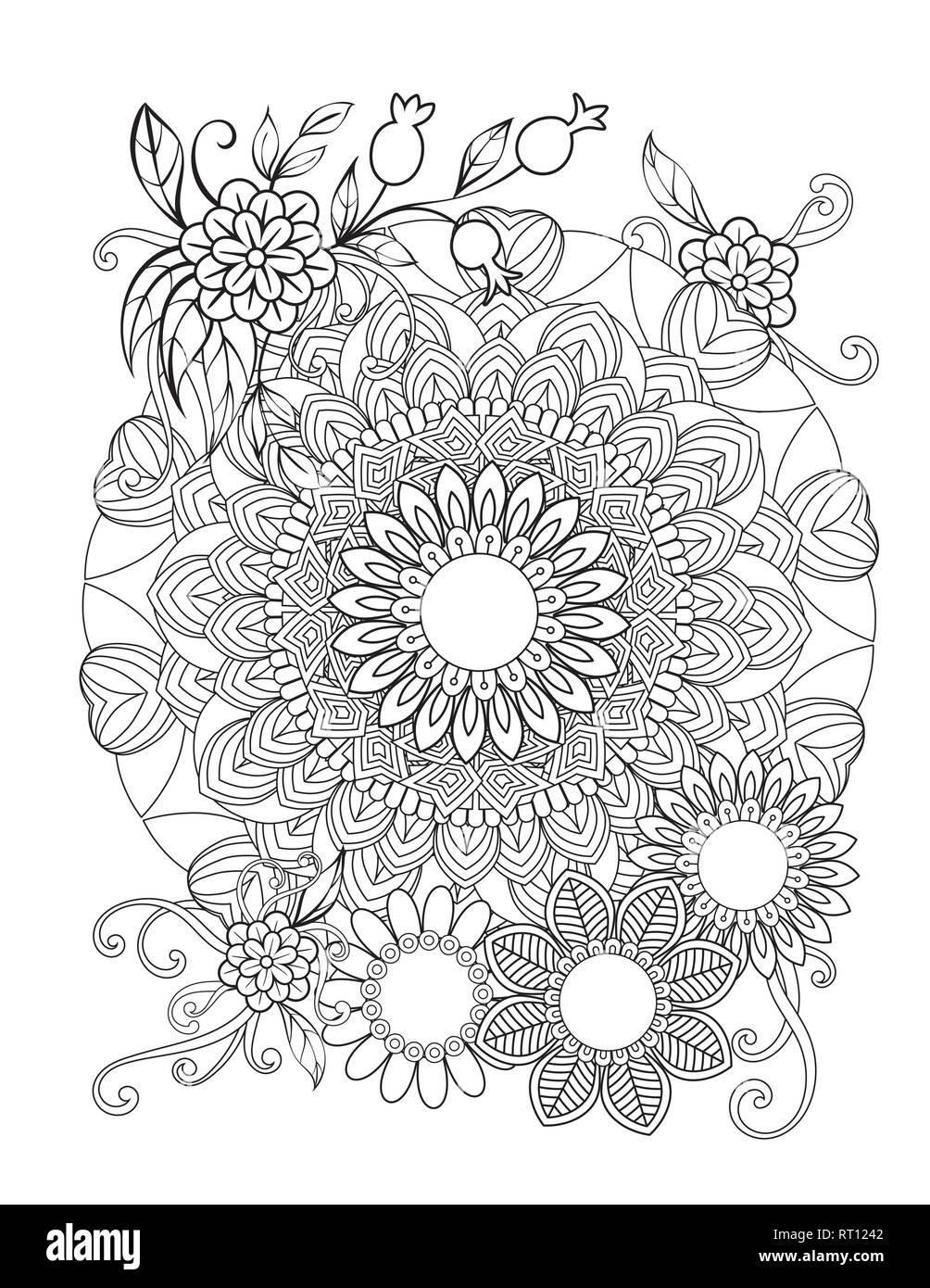 Mandala florale Muster in Schwarz und Weiß. Nach Malbuch Seite mit Blumen und Mandalas. Orientalische Muster, Vintage dekorative Elemente. Stock Vektor