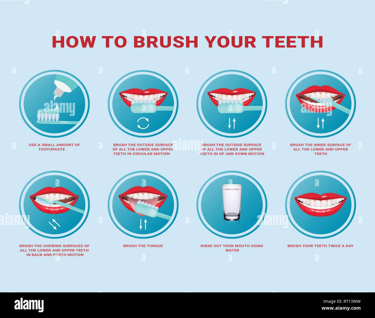 So putzen Sie Ihre Zähne Schritt-für-Schritt Anleitung. Zahnbürste und  Zahnpasta für die Mundhygiene. Saubere, weiße Zahn. Gesunder Lebensstil und  Zahnpflege Stock-Vektorgrafik - Alamy