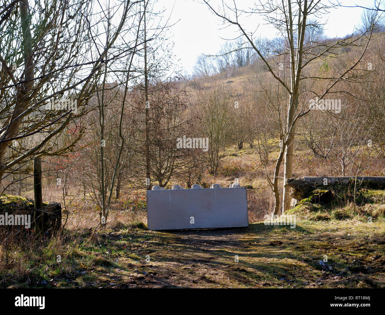 Wirksworth, Derbyshire Dales, UK. 27. Feb 2019. Konkrete Bausteine auf dem Parkplatz platziert Wirksworth Beauty Spot in Besitz von wirksworth Stadt Rates (Arbeit) nach Derbyshire Dales District Council (konservativ) auf einem Standortwechsel BRT Reisenden Camp zu umstrittenen Land neben Stoney Holz, Wirksworth, Derbyshire Dales gestimmt zu schützen. Wirksworth Stadtrat Suchen Rechtliche Hinweise die Bäume zu Testen & schützen, seltene Orchideen und andere Wildtiere in und um diesen Anblick von besonderem wissenschaftlichen Interesse. Quelle: Doug Blane/Alamy leben Nachrichten Stockfoto