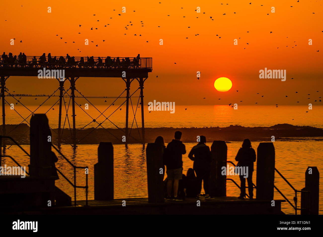Aberystwyth Wales UK Mittwoch, den 27. Februar 2019. UK Wetter: Menschen am Meer Aberystwyth, wie die Sonne, die die meisten der sensationell heiß und sonnig, 'Winter' Wetter, während es dauert. Das Wetter Prognose zu starten ab morgen zu verschlechtern, mit mehr typische windig und kühler Anfang März Foto Keith Morris/Alamy Live Nachrichten erwartet Stockfoto