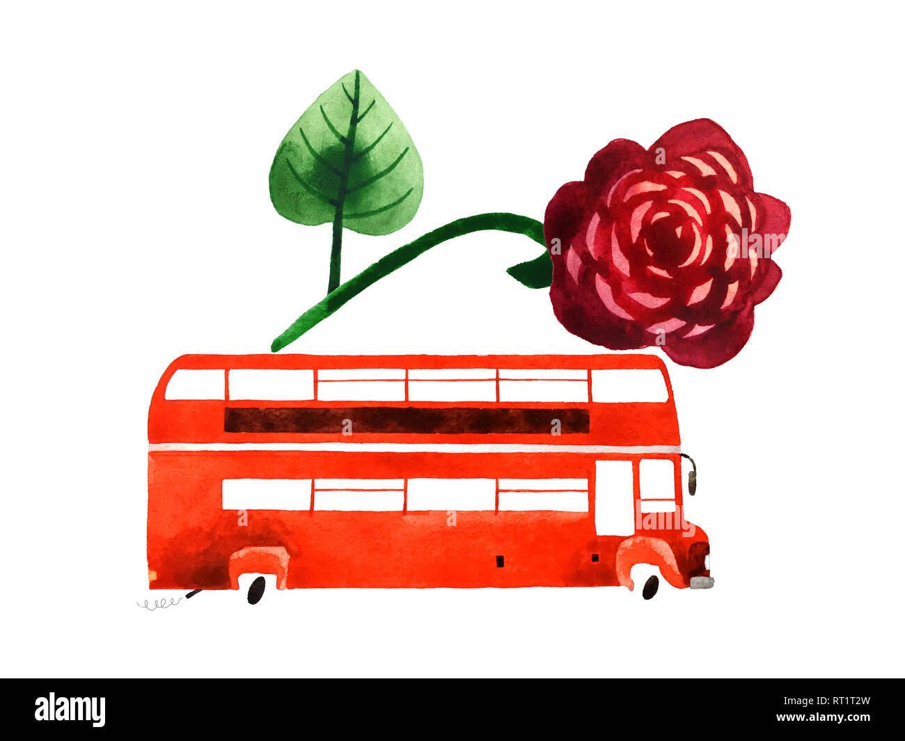 Aquarell Auto mit Hand gezeichnete Blumen auf weißem Hintergrund für Einladung, Postkarte, Banner isoliert, Muster. Stockfoto