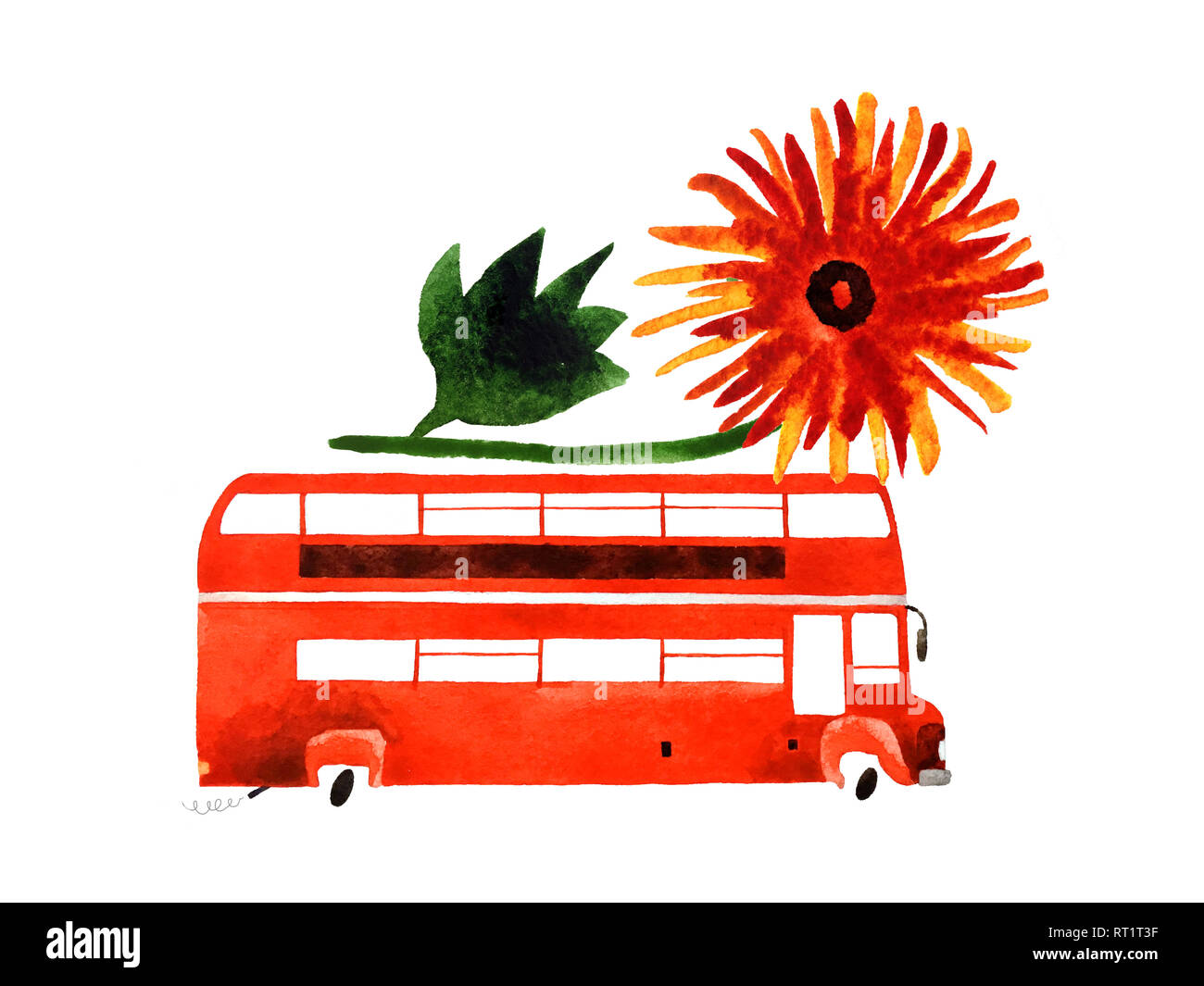 Aquarell Auto mit Hand gezeichnete Blumen auf weißem Hintergrund für Einladung, Postkarte, Banner isoliert, Muster. Stockfoto