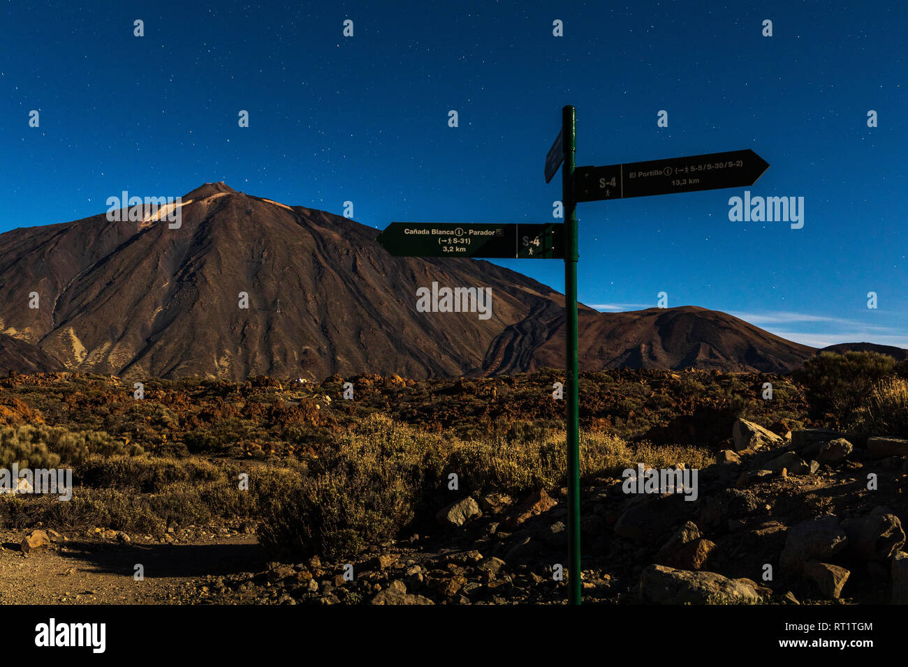 Vulkanische Landschaft leuchtet bei Vollmond mitten in der Nacht an der Las Canadas del Teide National Park, Teneriffa, Kanarische Inseln, Spanien Stockfoto