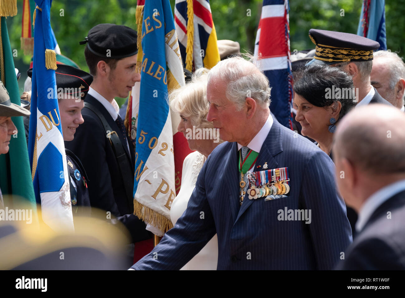 Gedenken an den 8. Mai in Lyon mit der königlichen Besuch des Prinzen von Wales und die Herzogin von Cornwall. In Anwesenheit von Gérard Collomb Minister für Stockfoto