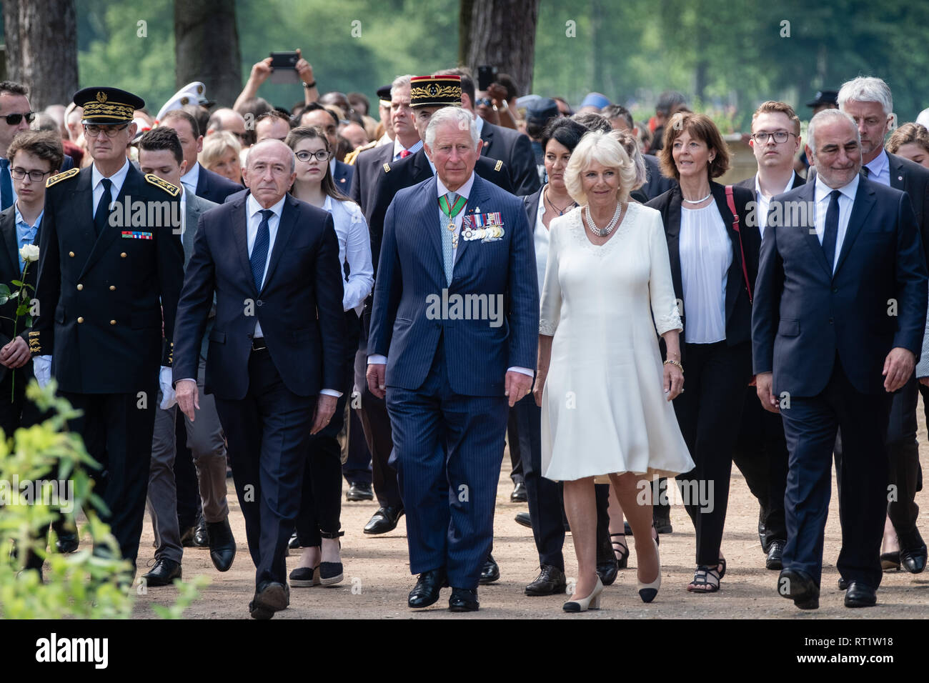 Gedenken an den 8. Mai in Lyon mit der königlichen Besuch des Prinzen von Wales und die Herzogin von Cornwall. In Anwesenheit von Gérard Collomb Minister für Stockfoto