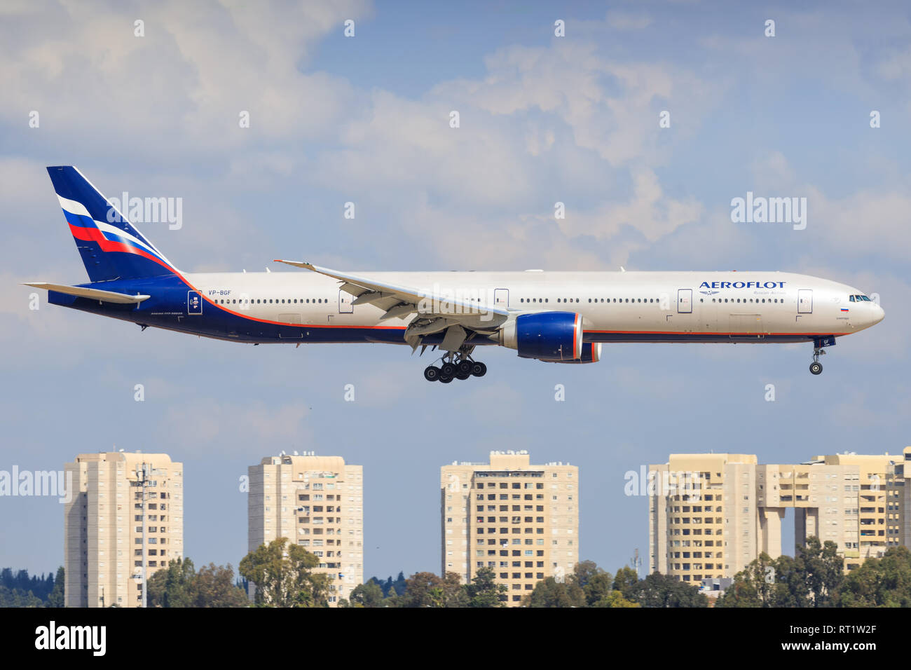 TEL AVIV, Israel - 24. Februar 2019: Boeing 777 von Aeroflot auf dem Ben-Gurion International Airport. Stockfoto