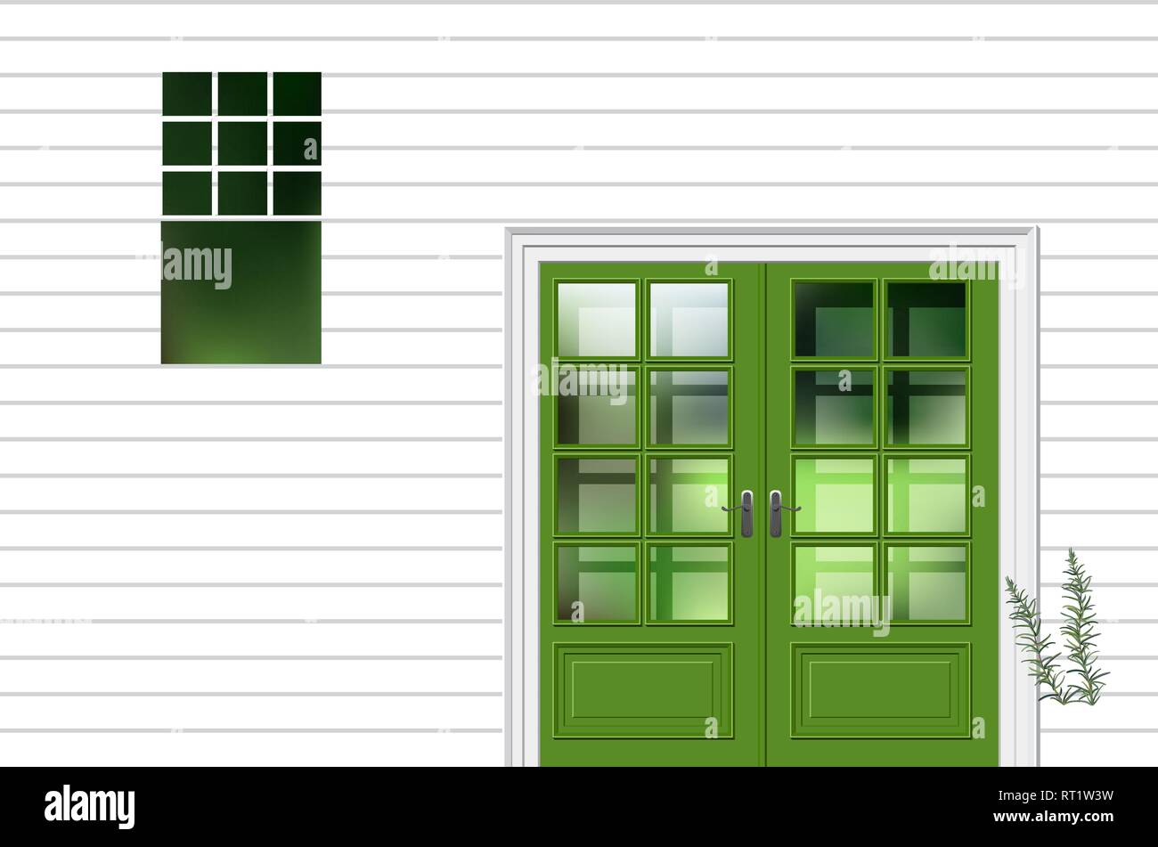 Grüne modren Eingangstür mit Fenster, Fassade Haus Eingang Stock Vektor