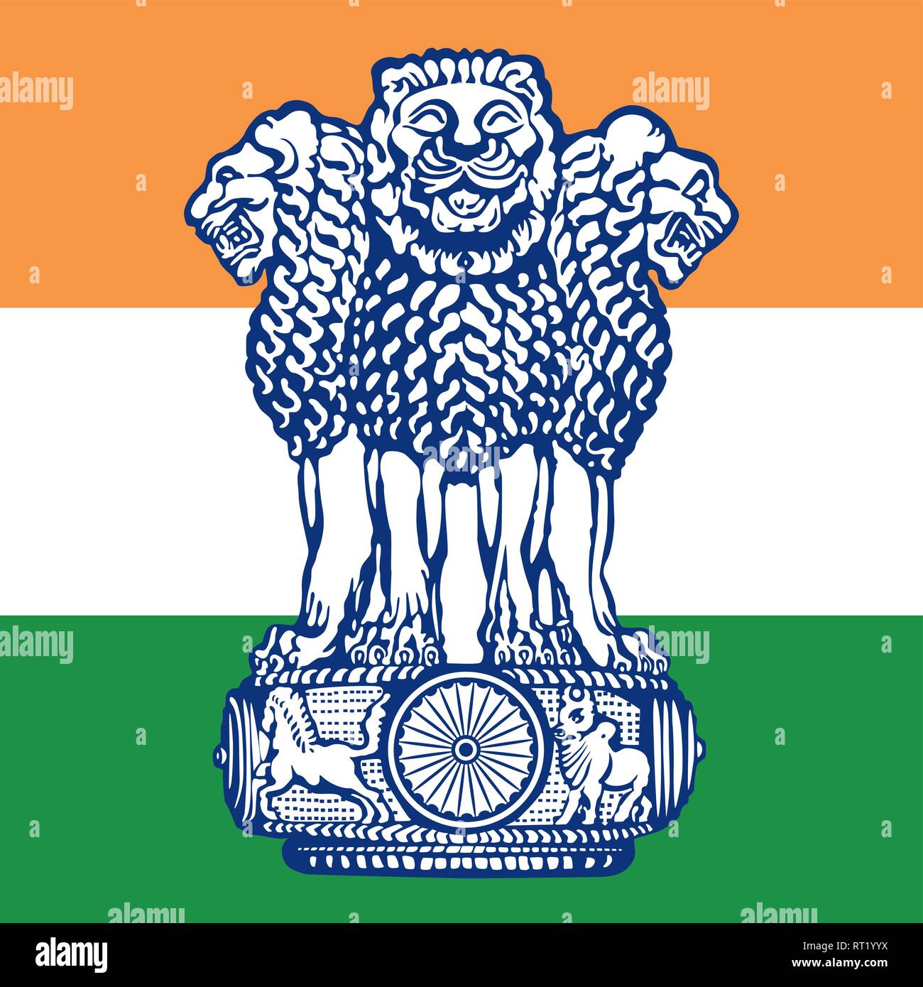 Indien offizielle Wappen auf der nationalen Flagge Stock Vektor
