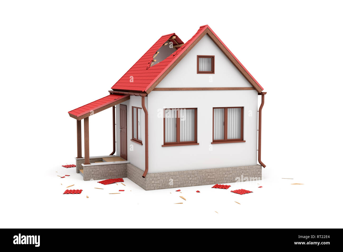 3D-Rendering des Einfamilienhauses mit einer Veranda und ein großes Loch im Dach. Stockfoto