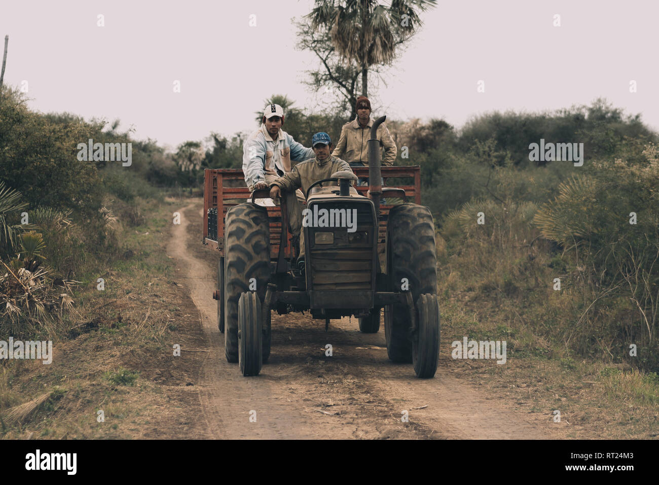 Drei Landarbeiter Fahren großen alten Traktor auf einer staubigen Straße in dem Land, in der nördlichen Provinz Formosa, Argentinien Stockfoto