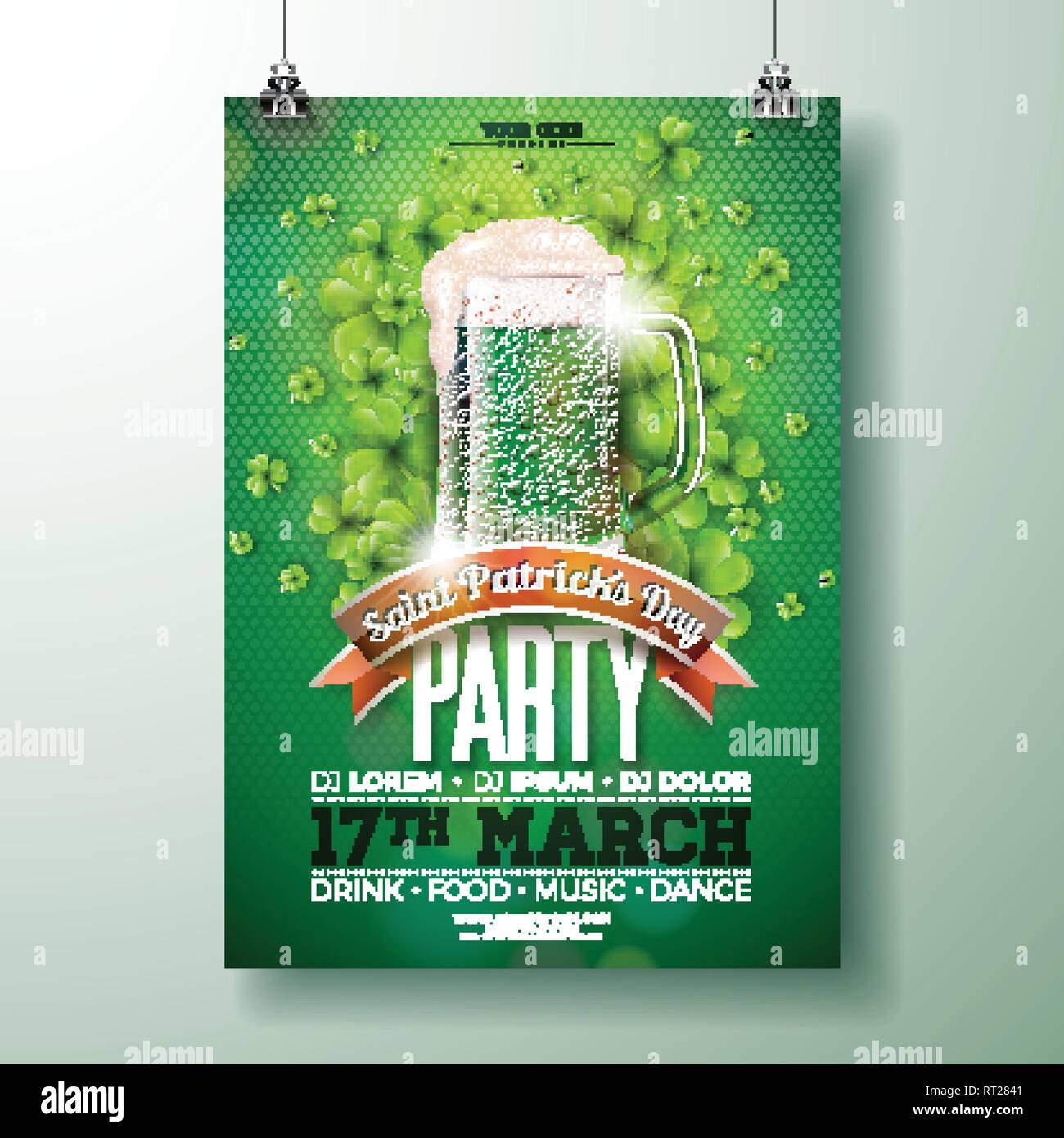 Saint Patricks Day Party Flyer Abbildung mit grünem Bier und Klee auf abstrakten Hintergrund. Vektor Irish Lucky Holiday Design für Feier Stock Vektor