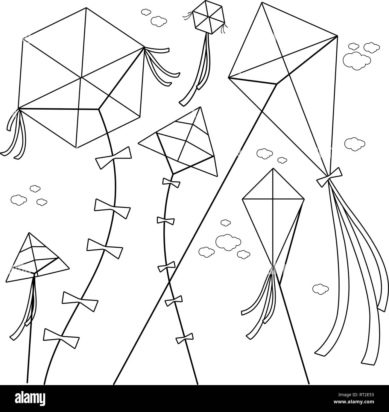 Schöne Drachen und Wolken am Himmel. Glückliche Drachen verschiedener Formen fliegen am klaren Himmel. Vektor-Schwarzweiß-Farbseite. Stock Vektor