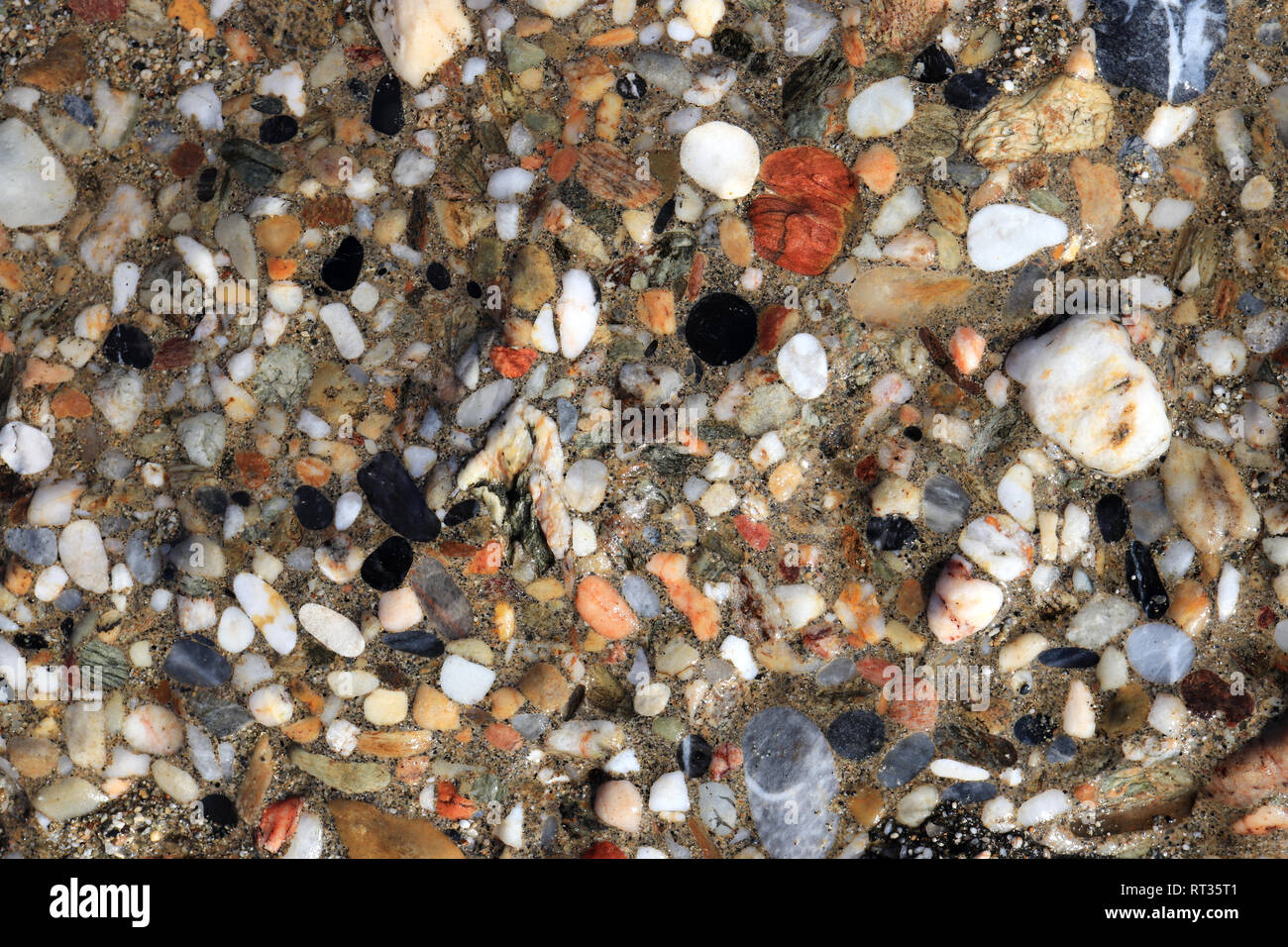Verwitterte meer Beton mit vielen verschiedenen Kieselsteine Textur. Nautisch marine Oberfläche Hintergrund. Stockfoto
