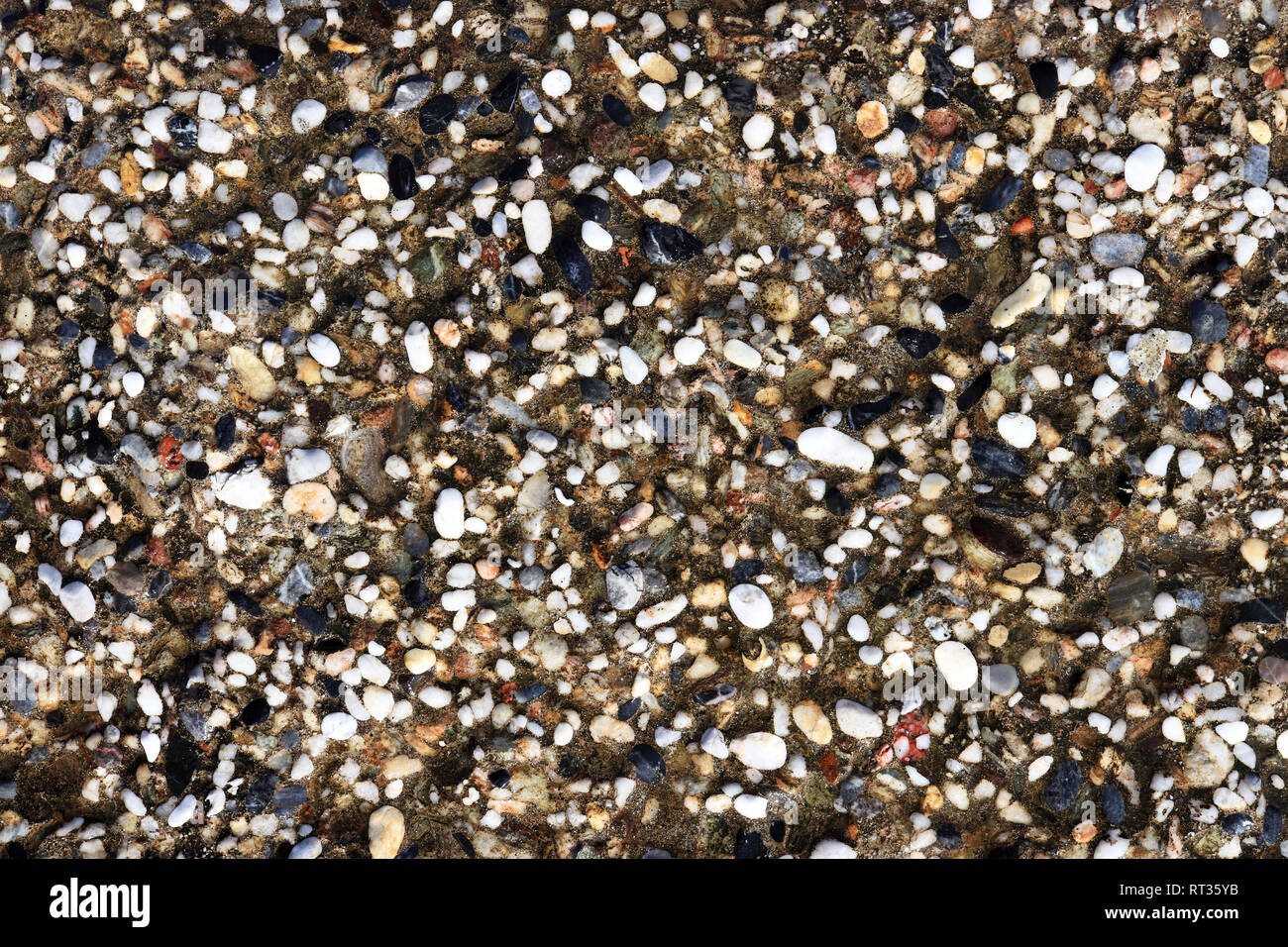 Verwitterte meer Beton mit vielen verschiedenen Kieselsteine Textur. Nautisch marine Oberfläche Hintergrund. Stockfoto