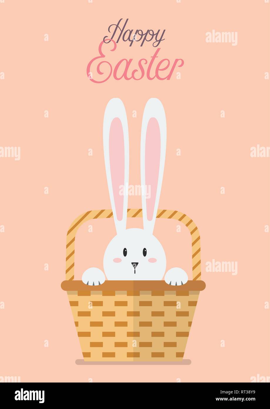 Frohe Ostern mit Bunny im Weidenkorb. Ostern Grußkarte Vector Illustration Stock Vektor