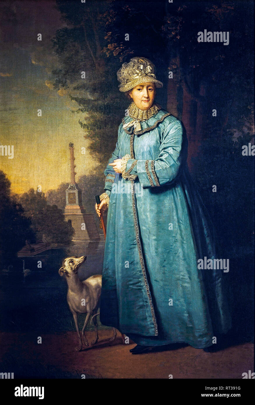 Katharina II., Kaiserin von Russland bei einem Spaziergang im Park mit dem Tsarskosyelsky Chesmensky Spalte im Hintergrund, Malerei 1794 Stockfoto
