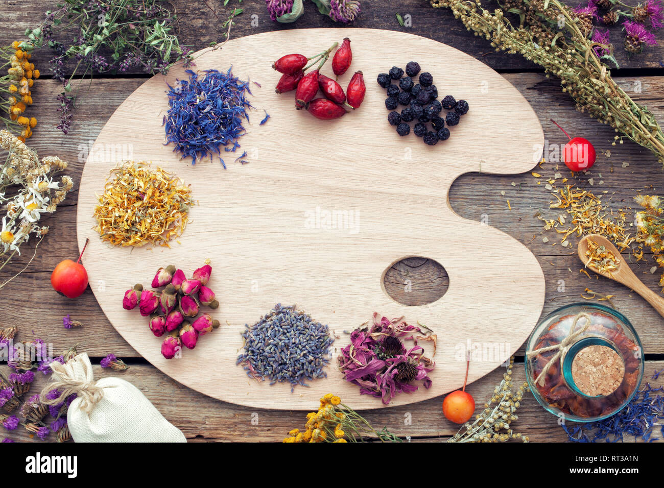 Healing Herbs in Holzboden, Ansicht von oben. Kräutermedizin Konzept. Stockfoto
