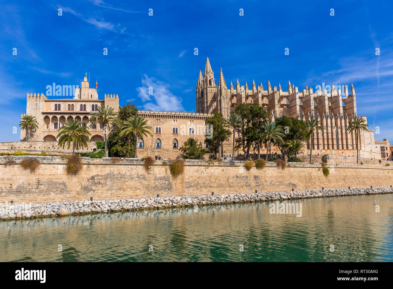 Königlicher Palast von La Almudaina und Kathedrale von Palma La Seu, Palma de Mallorca, Mallorca, Balearen, Spanien Stockfoto