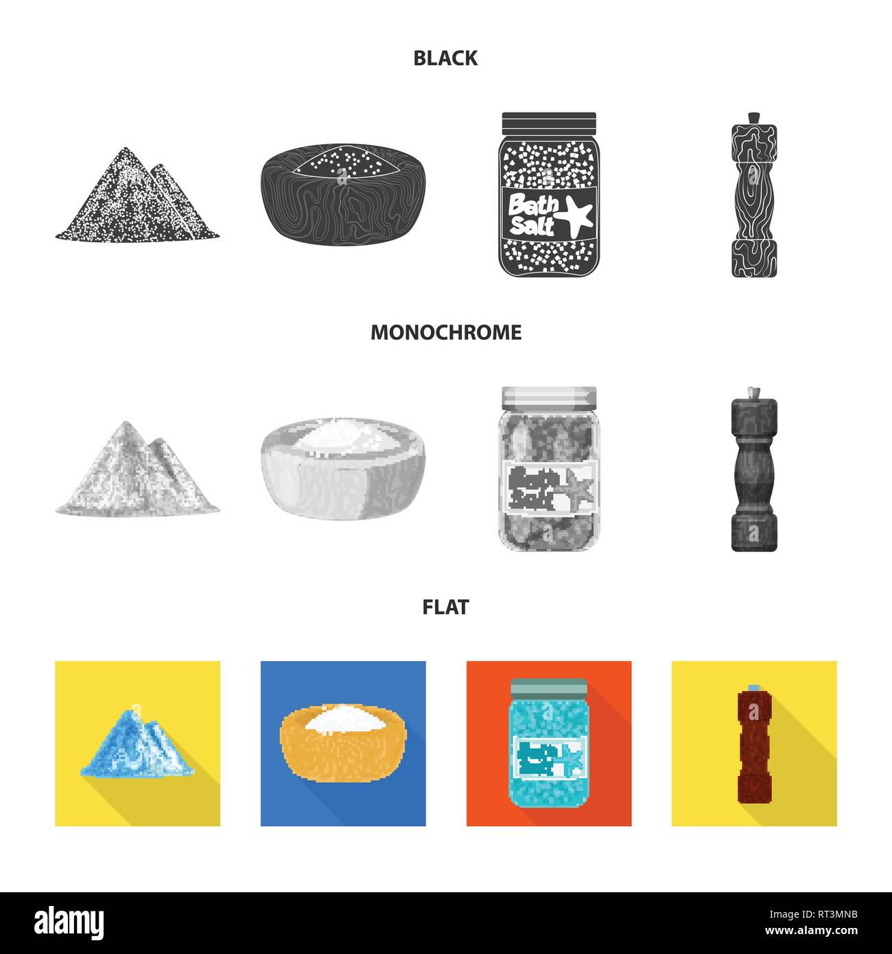 Heap, Schüssel, Flasche, Salzfass, salzig, Würzen, Hill, Badewanne, Wellness, Holz-, Pulver, Vintage, weiß, Streuen, Getreide, Mühle, Mehl, Berg, Platte, Reinigen, Kochen, Meer, Natur, Backen, Salz, Nahrungsmittel-, Natrium-, Mineral, Raw, Küche, Set, Vector, Icon, Illustration, isoliert, Sammlung, Design, Element, Grafik, Zeichen, Vektor, Vektoren, Stock Vektor