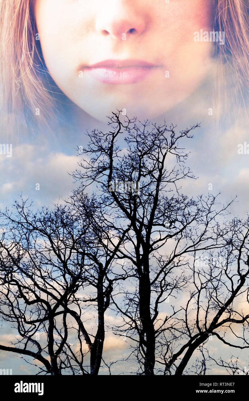 Mädchen Nase und Mund Composite mit Bäumen Silhouetten - Bild für Buch Cover Stockfoto