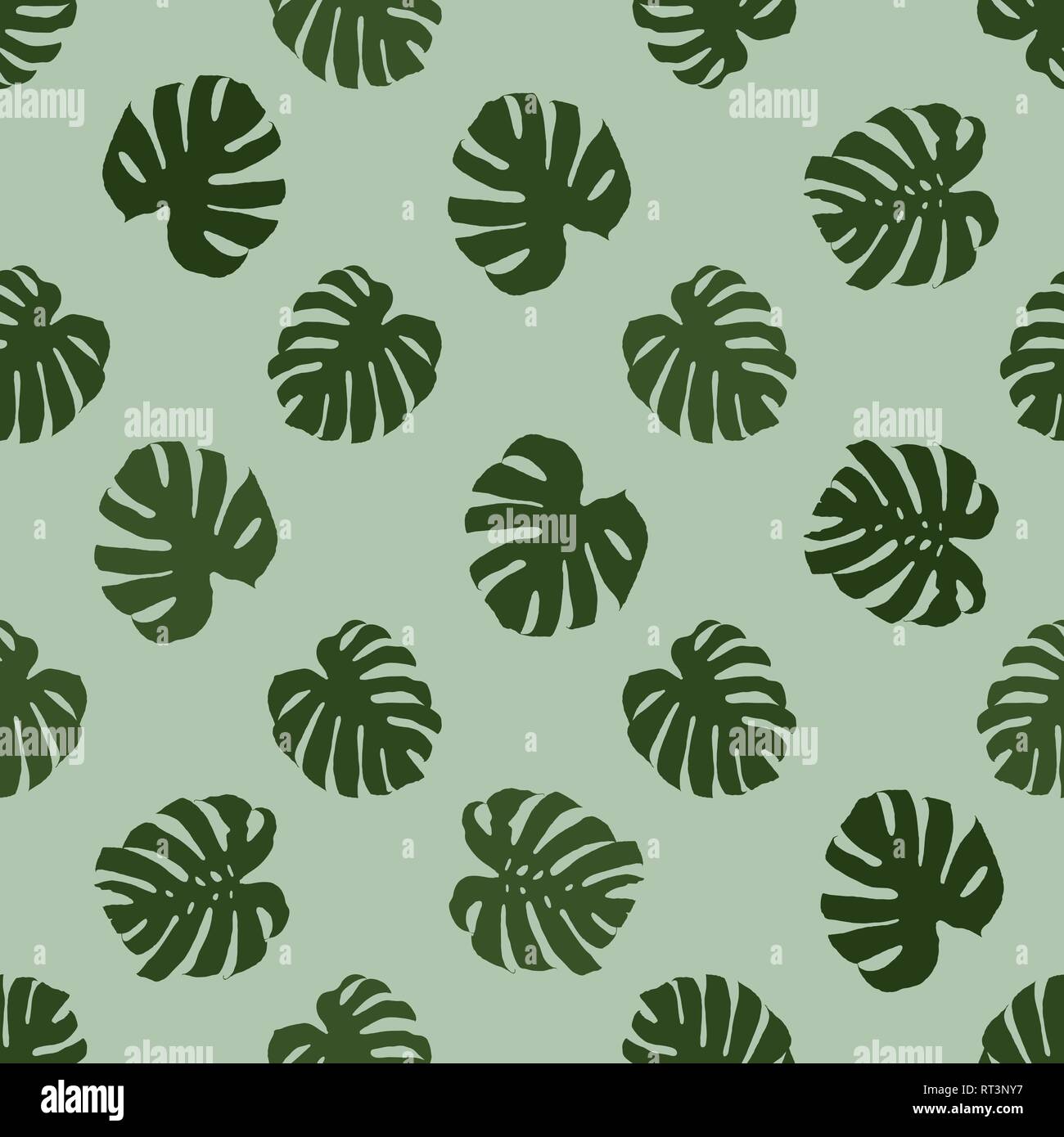 Monstera deliciosa Blätter auf Pastell grün Hintergrund nahtlose Vektor Muster Stock Vektor