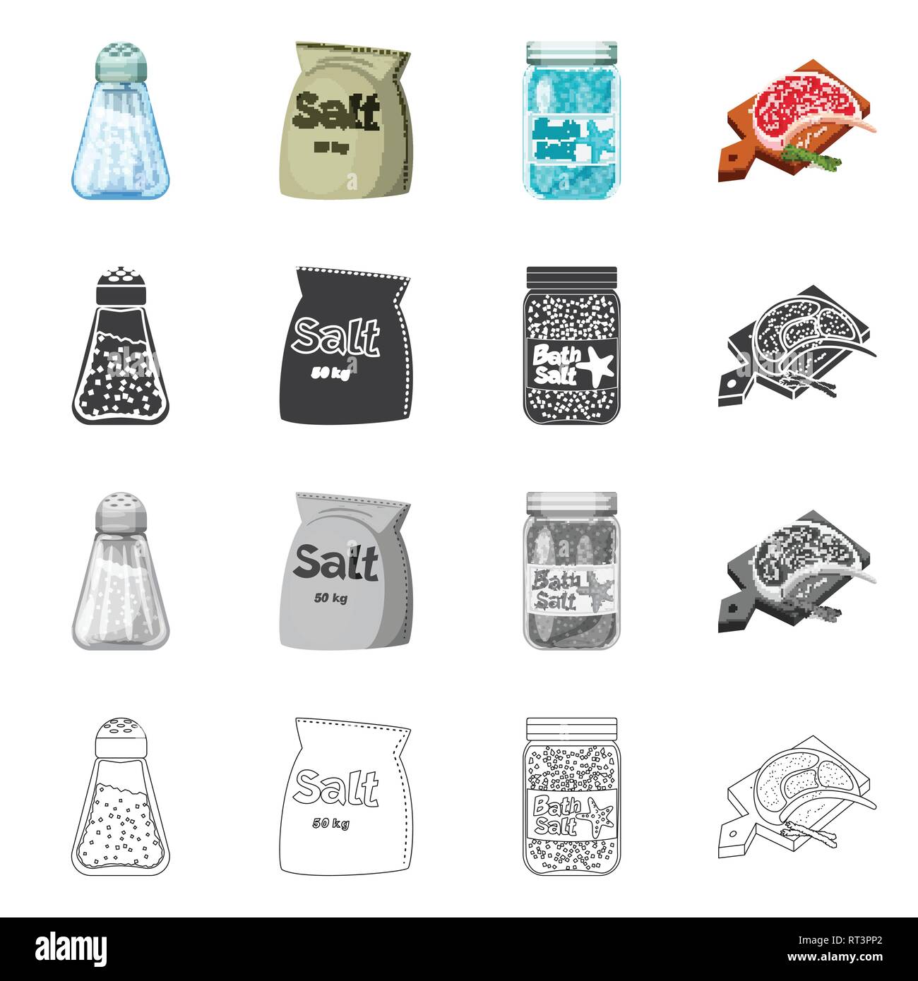 Salzfass, Tasche, Flasche, Fleisch, Gewürze, salzig, Brett, Badewanne, Glas, Pulver, Spa, Restaurant, weiße, Vintage, Streuen, Getreide, Mehl, Container, sauber, Picknick, kochen, Meer, Natur, Backen, Salz, Nahrungsmittel-, Natrium-, Mineral, Raw, Küche, Set, Vector, Icon, Illustration, isoliert, Sammlung, Design, Element, Grafik, Zeichen, Vektor, Vektoren, Stock Vektor