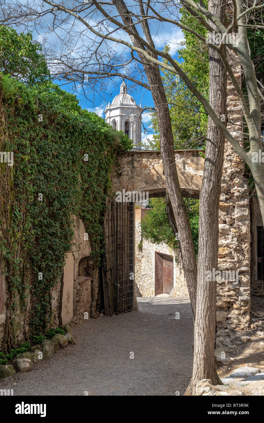 Französische Gärten mit Dom im Hintergrund in Girona, Spanien sichtbar Stockfoto